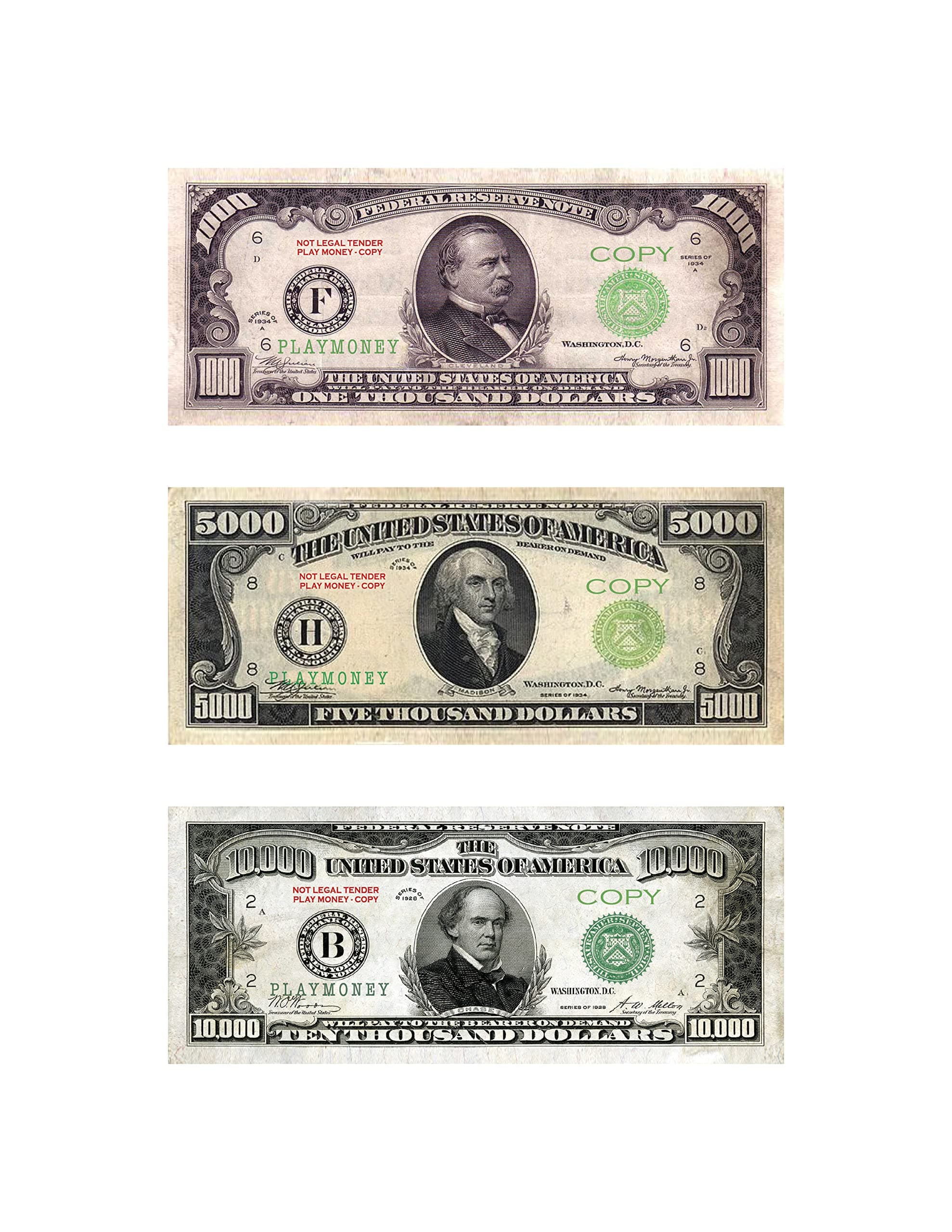 Custom Toys & Hobbies 20X $1000/5000/10,000 (1928) BILLS PROP MONEY/FAKE/PLAY. NOT LEGAL TENDER size 2.3x5.5 in. ONE SIDE ONLY
