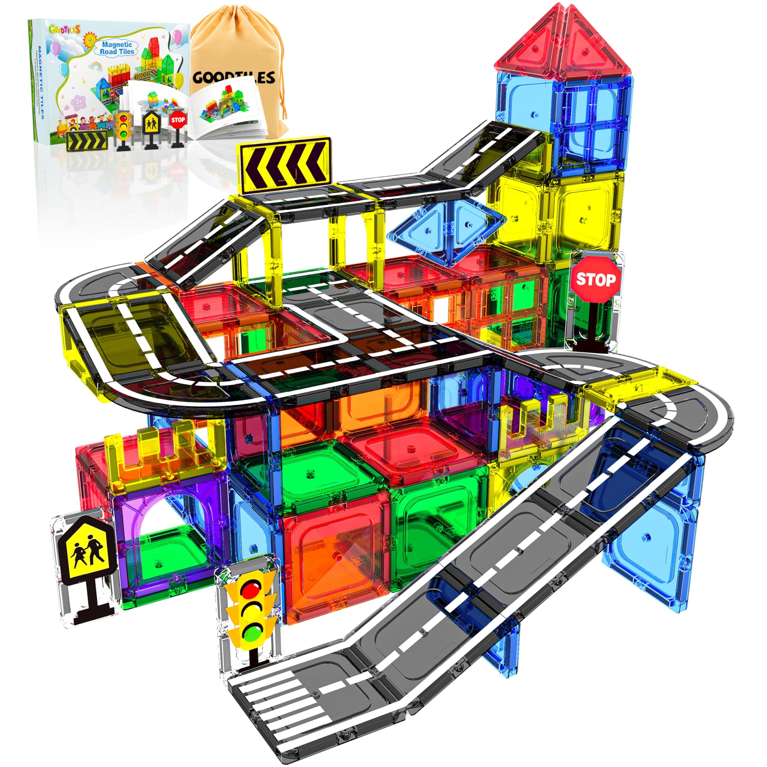 Magnetic Tiles - Road Set, Magnetic Building Blocks, Preschool Montessori Toys Gift for 3+ Year Old Boys and Girls, Sensory Christmas Toys for Kids Aged 3-5 and 4-8, Ideas for Toddler with Autism