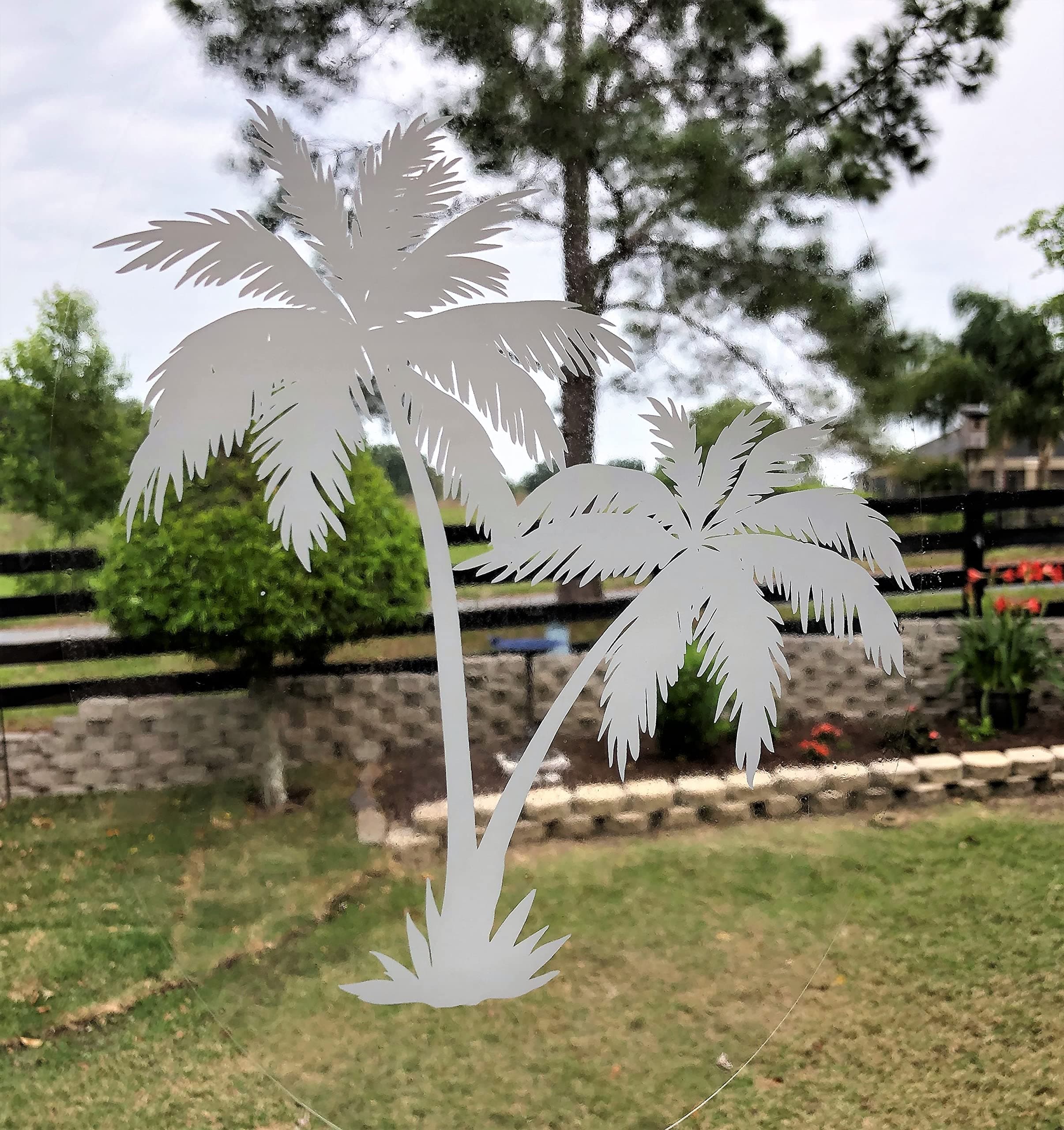 DCentral® Palm Tree - Decorative Window Vinyl “Etched” Glass Cling Decal – 8” x 12”. Objects are Opaque – Background is Clear