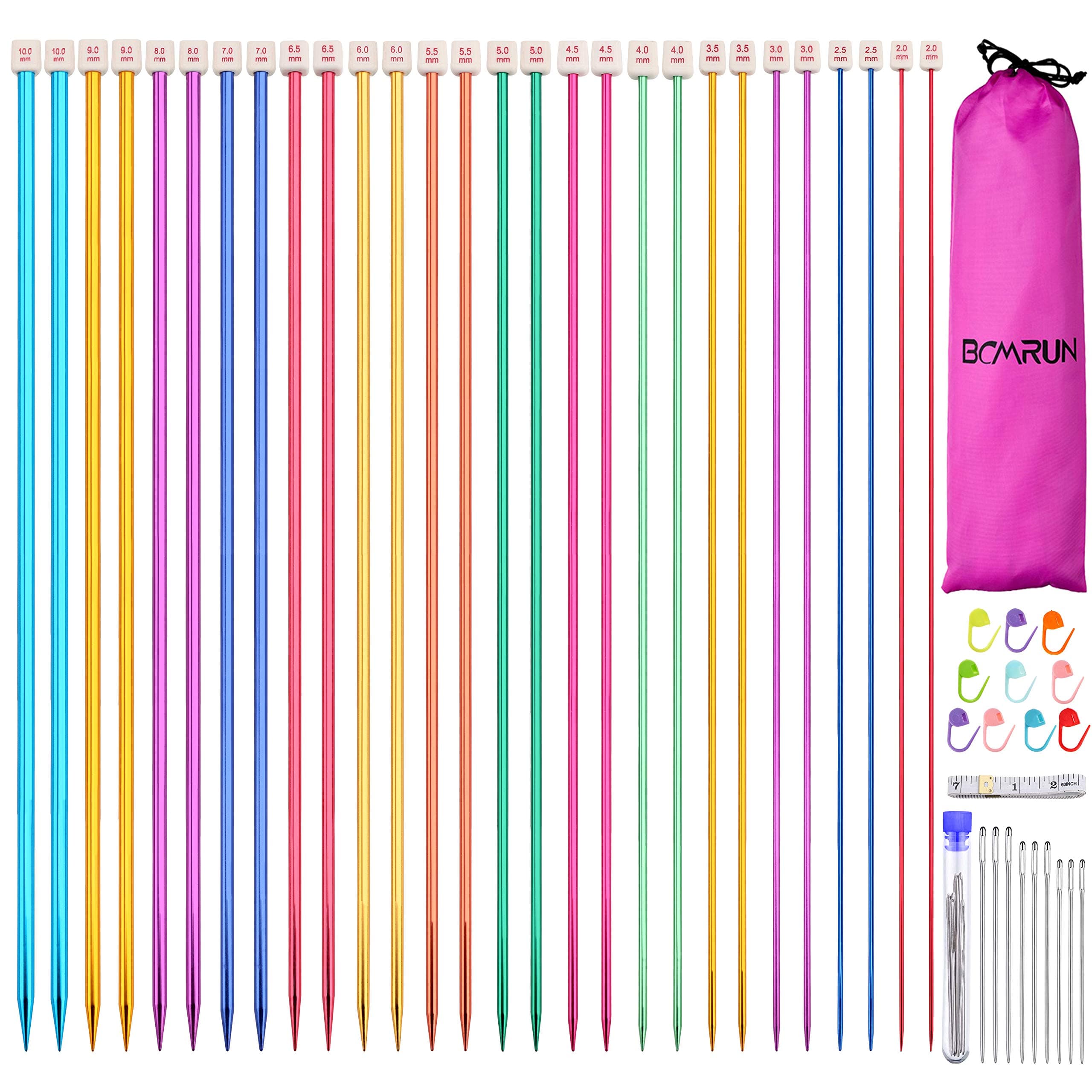 BCMRUN 28Pcs/14 Pairs Stainless Steel Knitting Needles Set, Colored Straight Single Pointed Metal Knitting Needles, 14 Size from 2.0mm-10.0mm, 13.8 Inches Length for Handmade DIY Knitting (35cm)