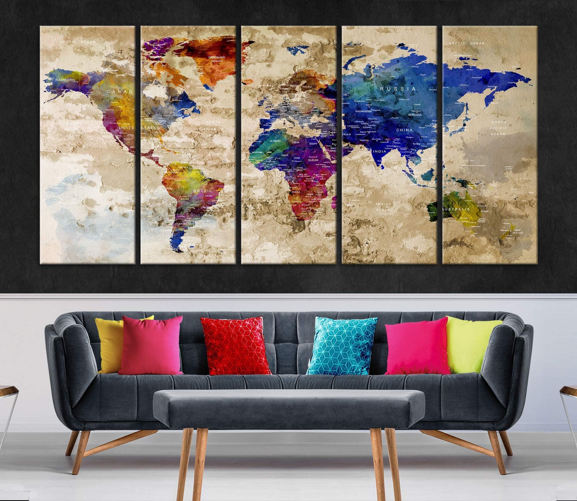 World Map Canvas Wall Art, Large Map of World Canvas Art Print for Home Decor Framed Push Pin World Map Travel Map Living Room Dining Room Home Office Decor Artwork Painting on Canvas (4)