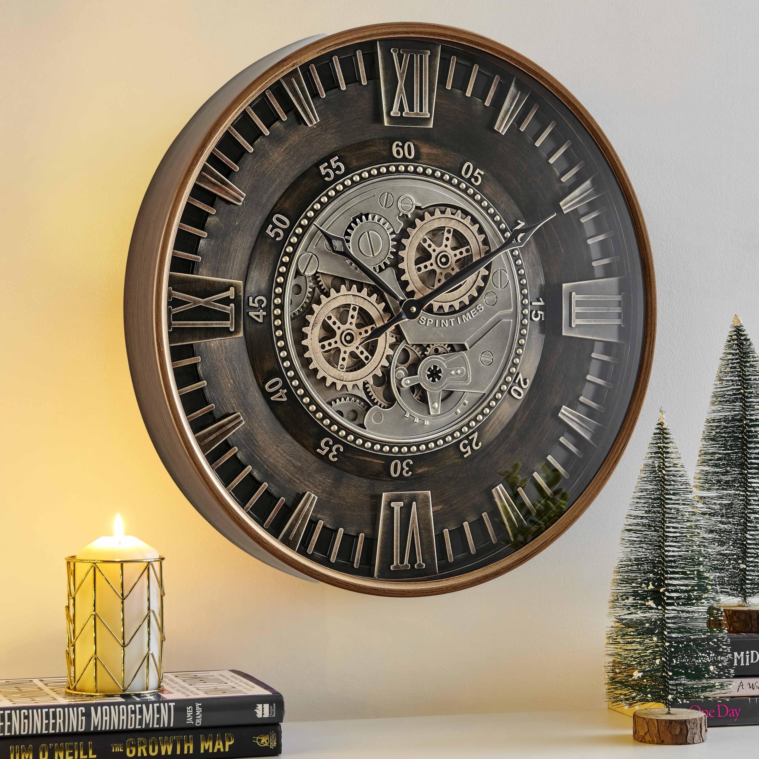 24 Inch Large Moving Gear Wall Clock for Farmhouse Living Room Decor,Vintage Industrial Bronze Gold Metal Wall Clock for Home Office,House Warming Gifts New Home