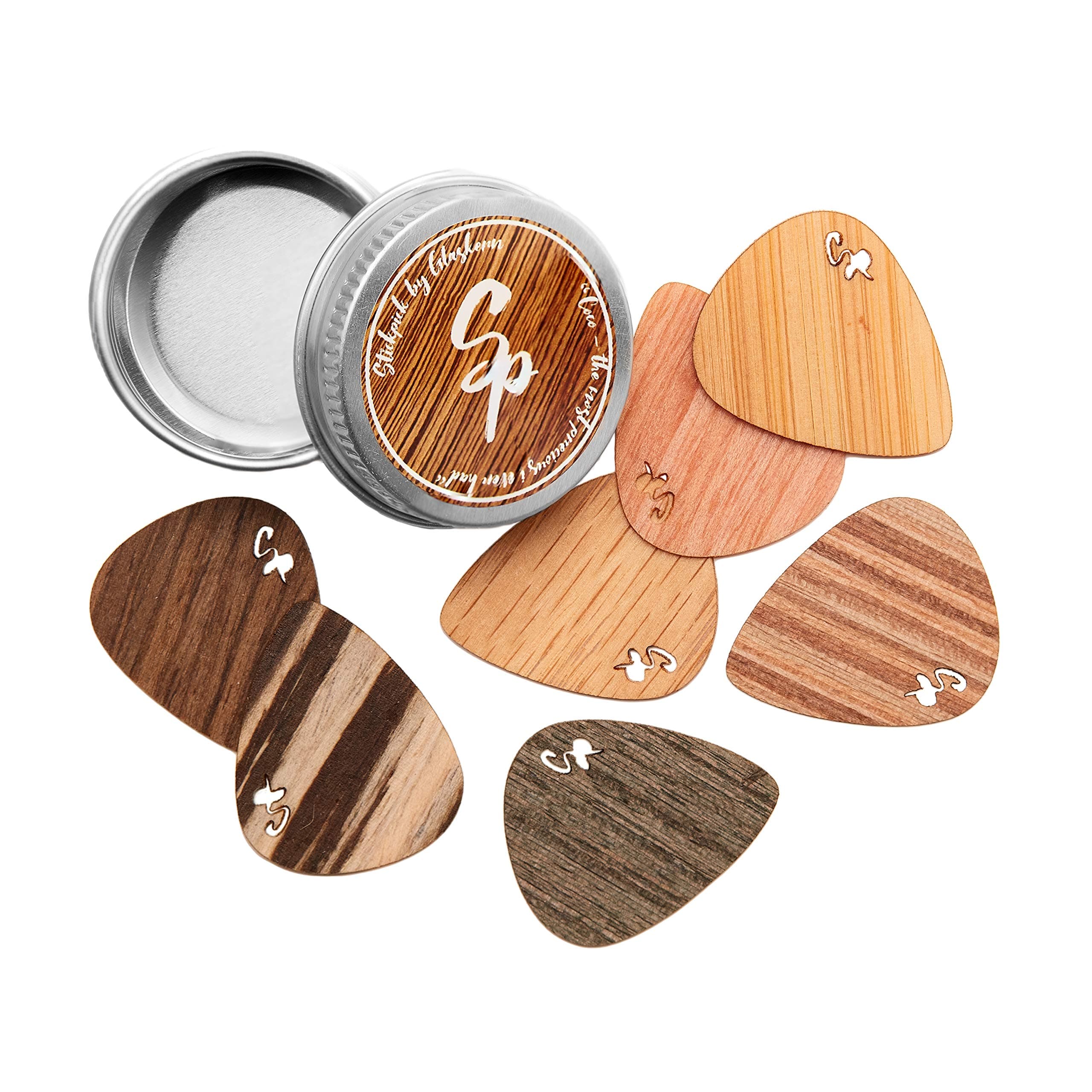 Stickpick | Set of 7 flexible guitar picks made of real wood | For electric, acoustic and bass guitars in different strengths | In aluminum can | Sustainably manufactured | Made in Germany