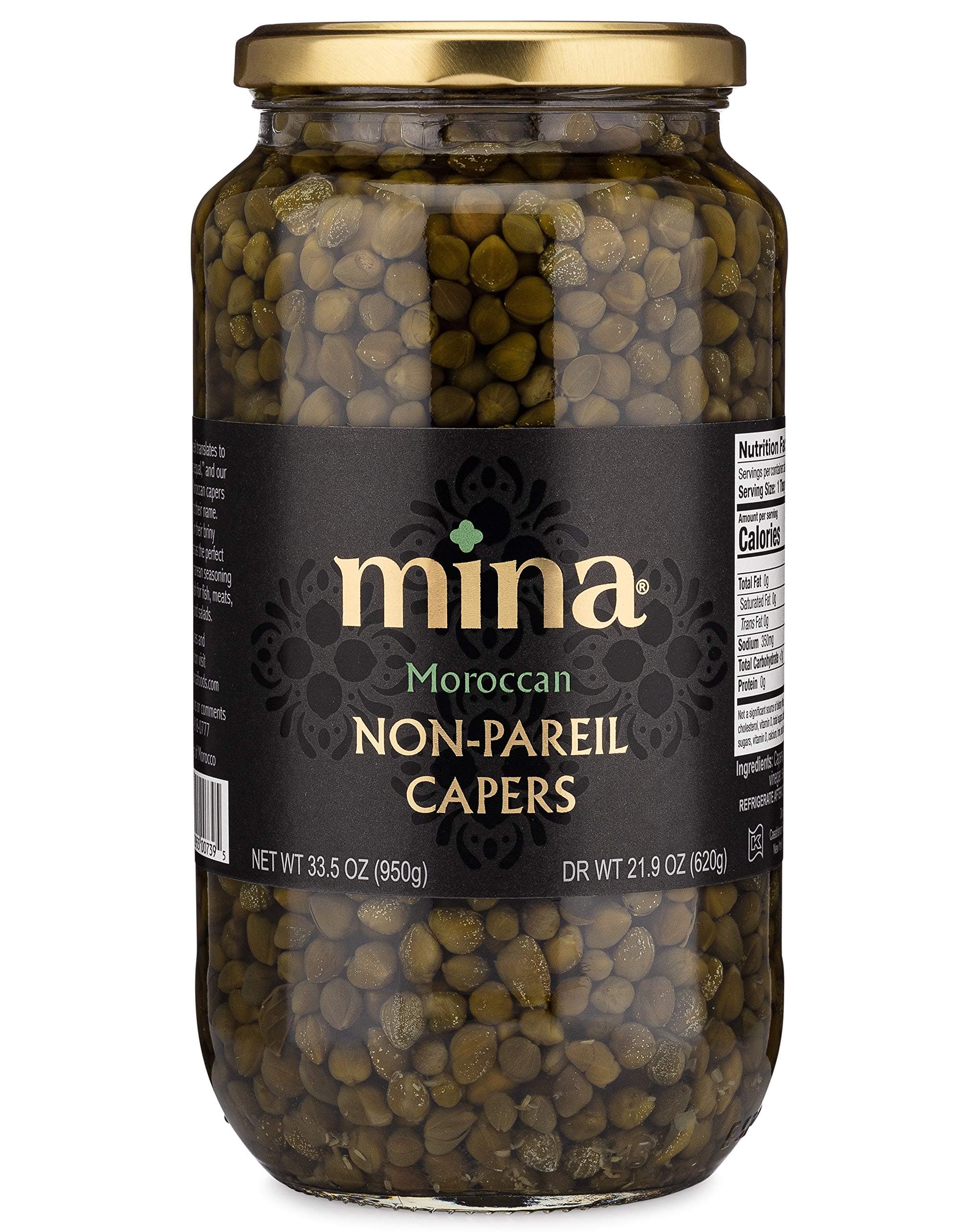 Mina Capers Non Pareil 33.5 oz, Perfect Mediterranean Seasoning or Garnish, Made with only Capers, Water, Vinegar and Sea Salt, Non GMO, Keto, Vegan, Gluten Free