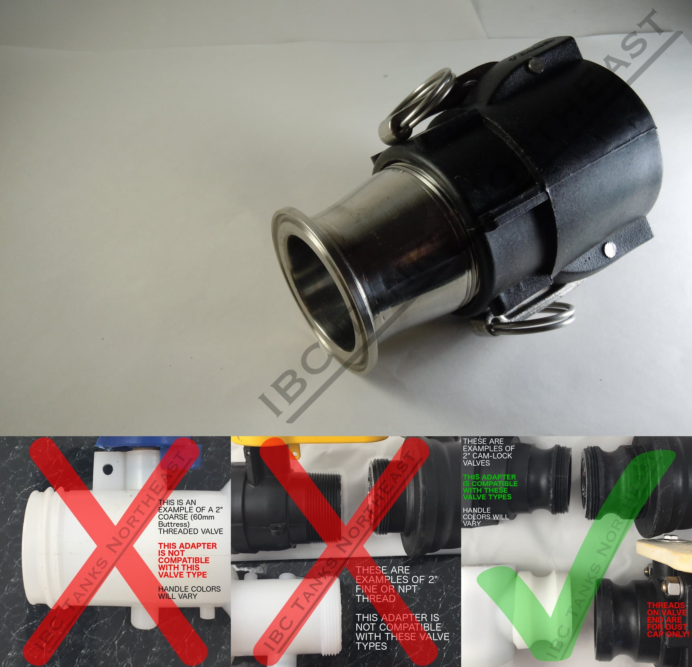 275/330 IBC Tote Drain Adapter 2" Cam-Lock x 2" Stainless Steel Sanitary Tri-Clamp