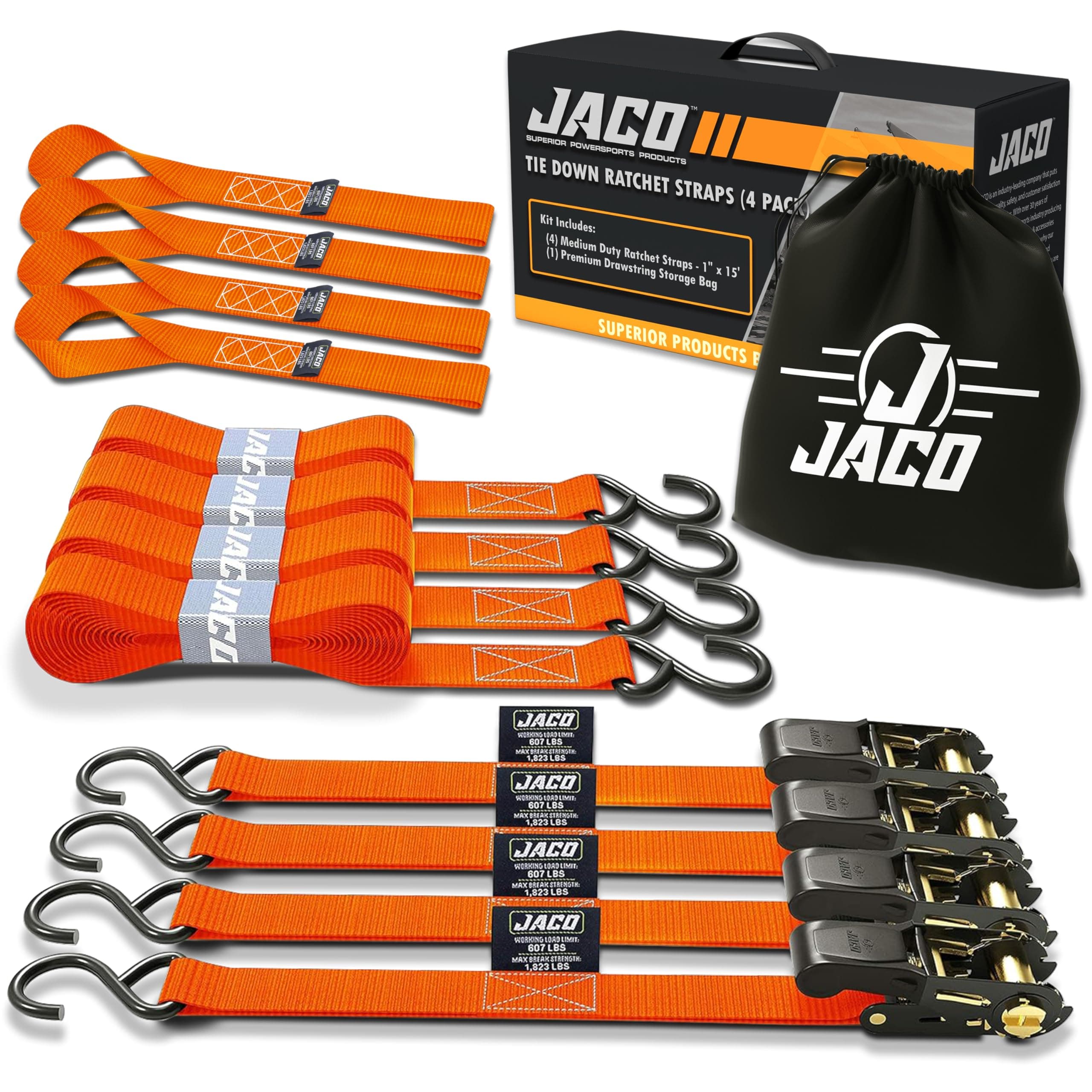 JACO Ratchet Tie Down Straps (4 Pack) - 1 in x 15 ft | AAR Certified Break Strength (1,823 lbs) | Cargo Tie Down Set with (4) Utility Ratchet Straps, (4) Bundling Straps, and Accessories (Orange)