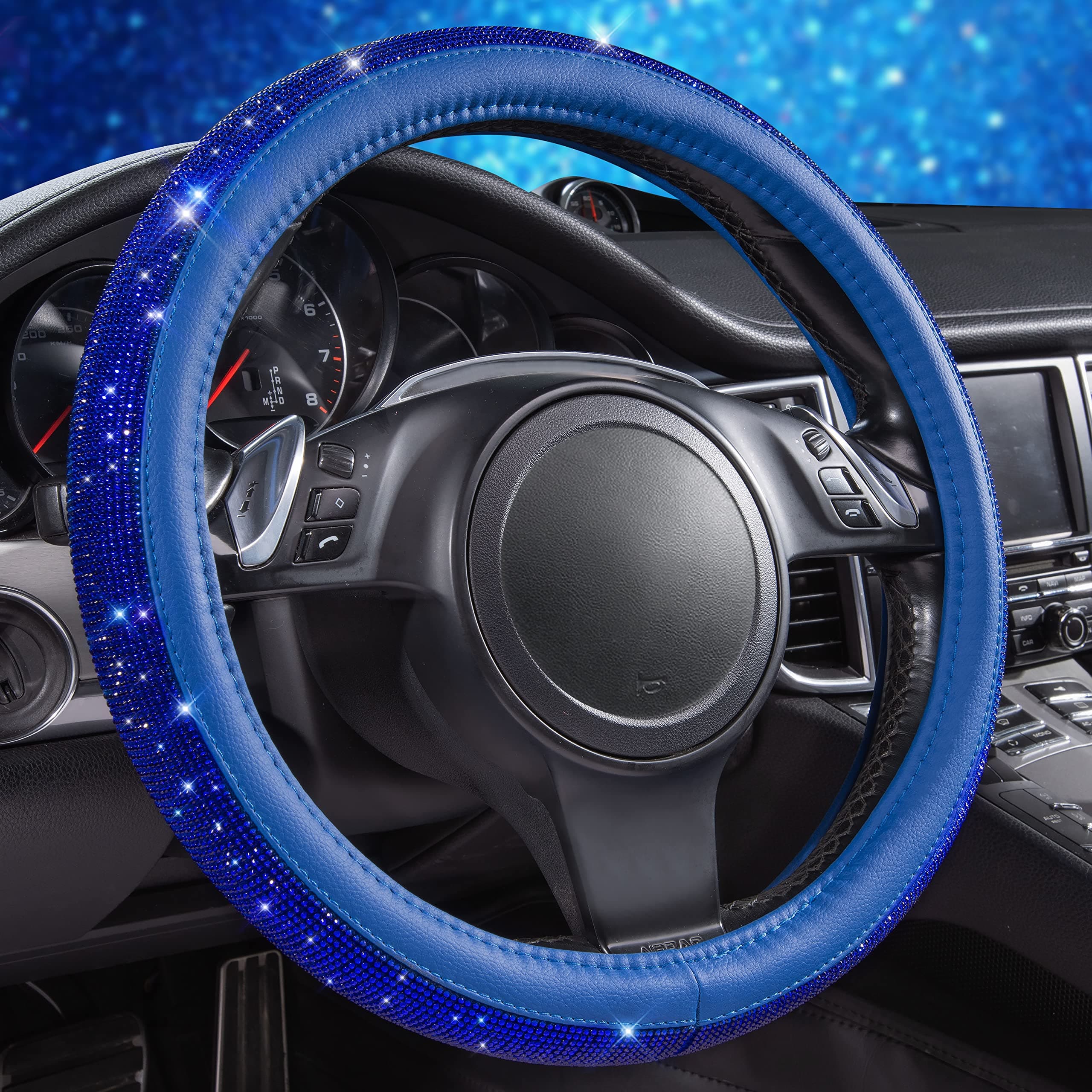 CAR PASS Bling Diamond Leather Steering Wheel Cover, with Bling Sparkly Cryst...