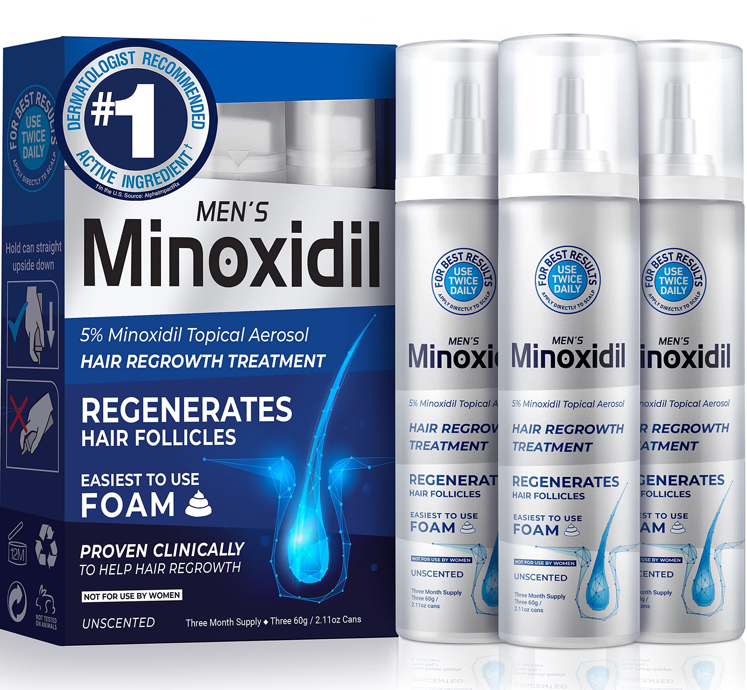 Health Revolution Men’s 5% Minoxidil Foam Hair Regrowth Treatment, Easier to Use than Topical Liquid, Unscented, Regenerates Hair Follicles, 3-Month Supply, Pack of 3