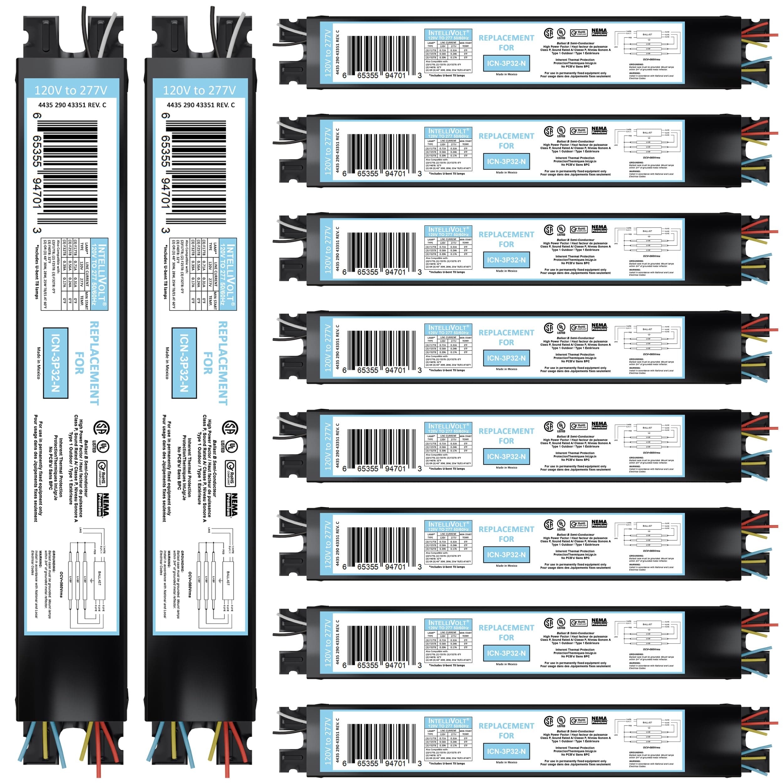 10 Pack - Replacement for ICN-3P32-SC 1, 2 & 3 Lamp T8 Fluorescent Electronic Ballast - 120-277 Volt - Instant Start - UL Approved