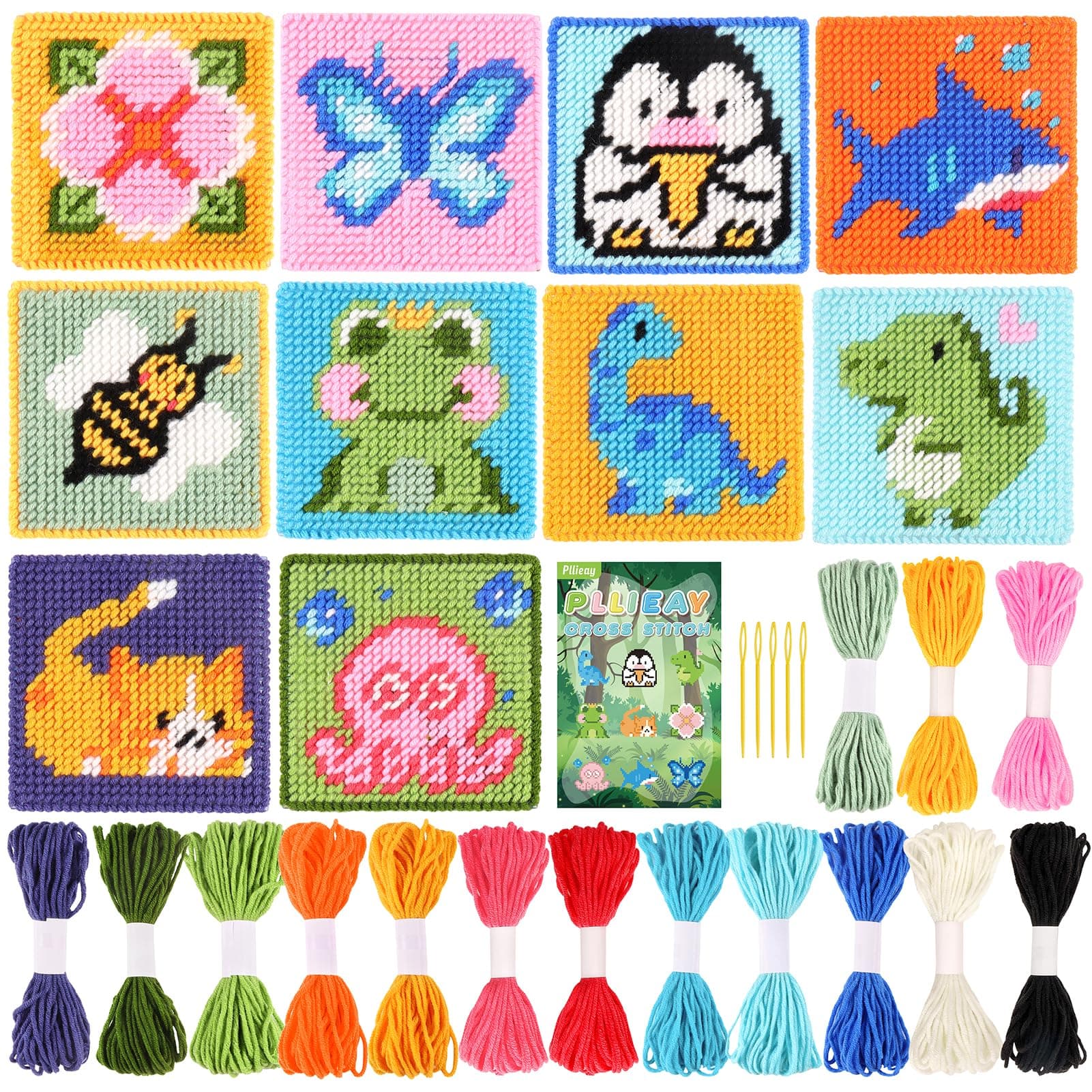 Pllieay 10-in-1 Cross Stitch Beginner Kit for Kids, Embroidery Kit Includes 10pcs Plastic Mesh Canvas with Pattern, 15 Yarns, 5 Weaving Needles, Needle Points Starter Kit Sewing Set with Instructions