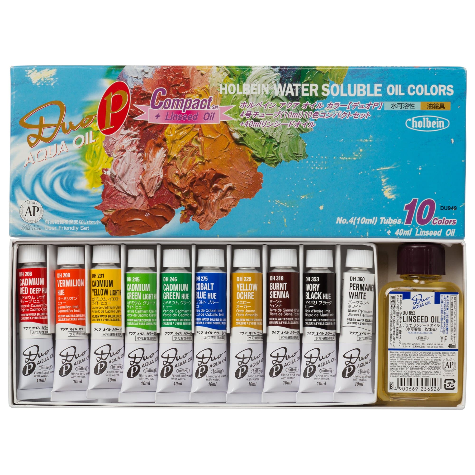 Holbein Duo Aqua Oil Compact Set of 10, 10ml tubes + 40ml Linseed Oil