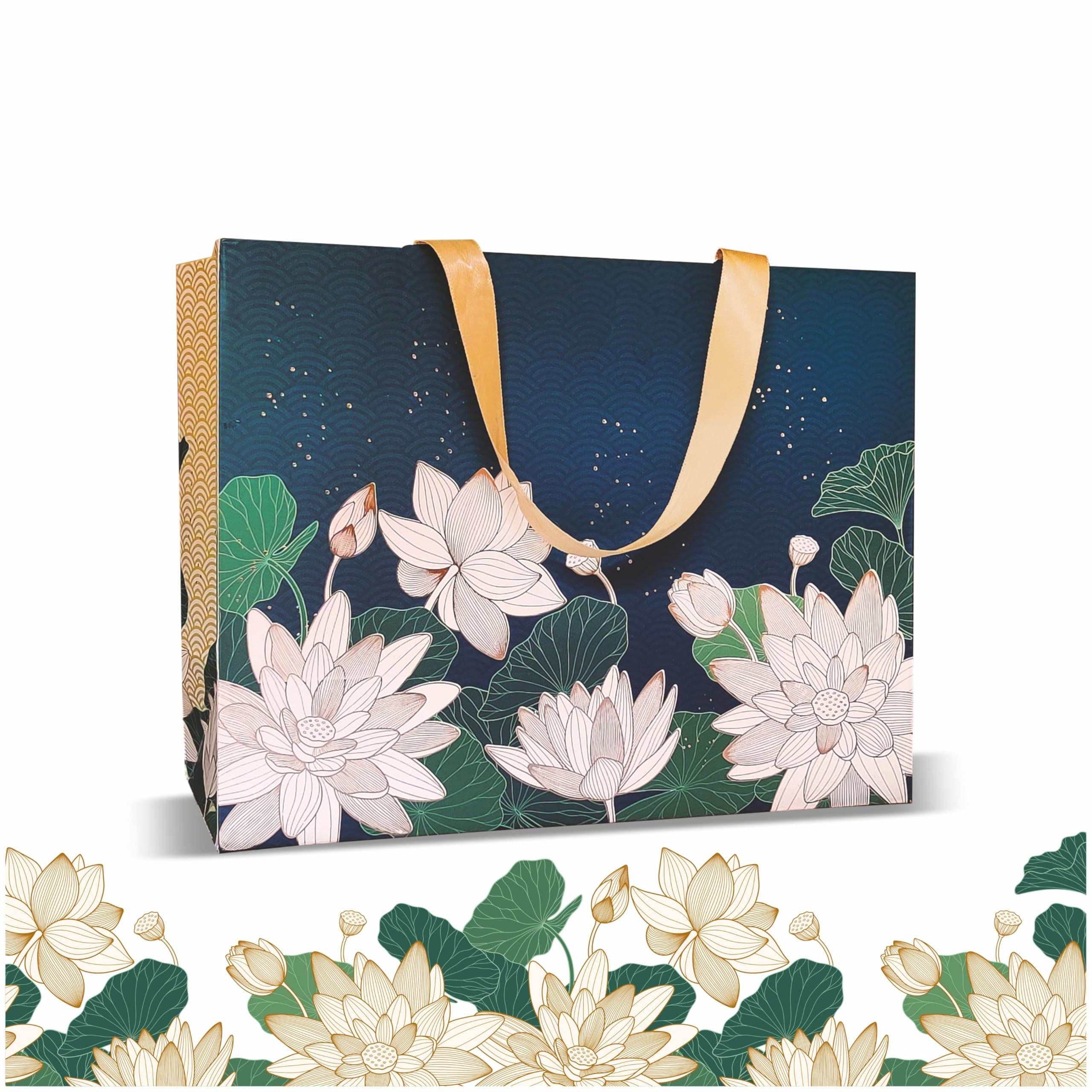 VESTTA -ELEGANCE REDEFINED Gift bags, Large, Premium Collection 13 (L) x 5.5 (B) x 10 (H) Inches, Vintage Lotus Print, Matt Finish, Gold Stamping for All Celebrations, with Gift Tags 10)