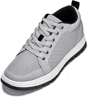 CALTO Men's Invisible Height Increasing Elevator Casual Shoes - Pewter Grey/White & Black Sole Light-Weight Lace-up Knitted Casual Sporty Sneakers - 2.4 Inches Taller - X2324 - Size 12 D(M) US