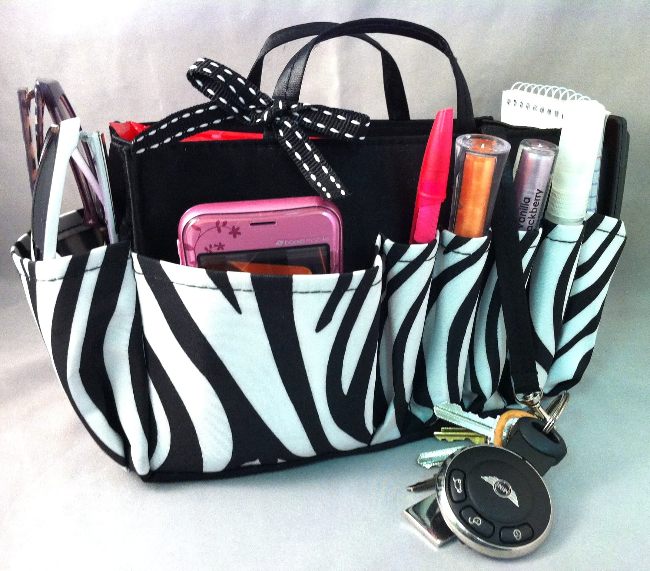 Jolie Zebra Print and Black Handbag Organizer Insert Travel Cosmetic Make-Up Bag Tote Dimensions: L 7.5"x H 6"x W 3.5"