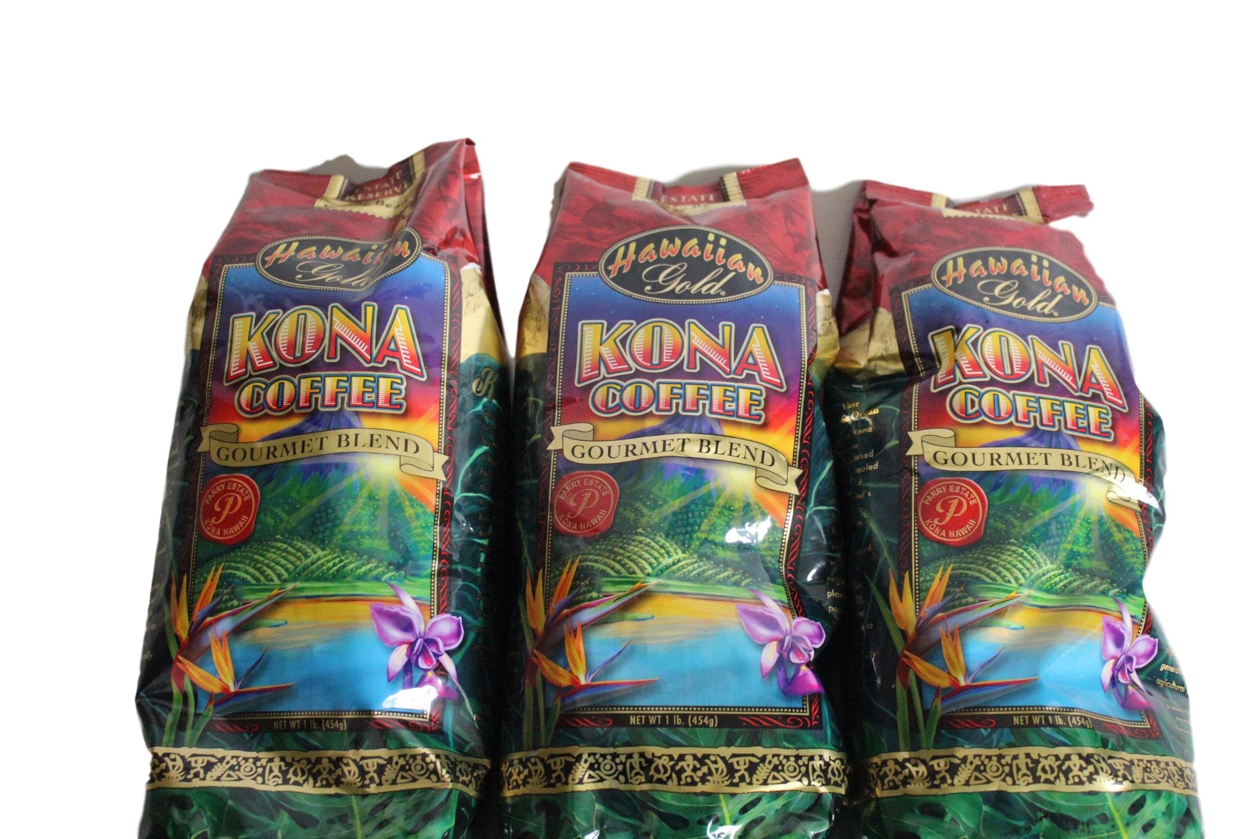 Hawaiian Gold Kona Coffee Gourmet Blend Whole Bean Reserve Estate 1 lb (Pack of 3)