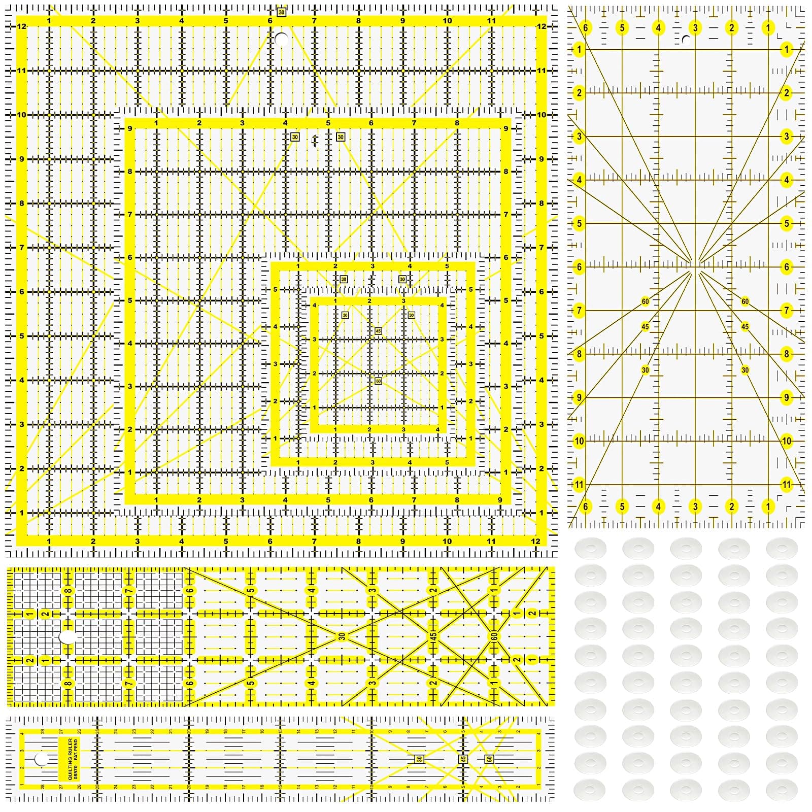 7 Piece Acrylic Quilting Ruler,Fabric Cutting Ruler, for Quilting, Sewing & Crafts Template, Double-Colored Grid Lines，with Non Slip Rings 50 Pieces