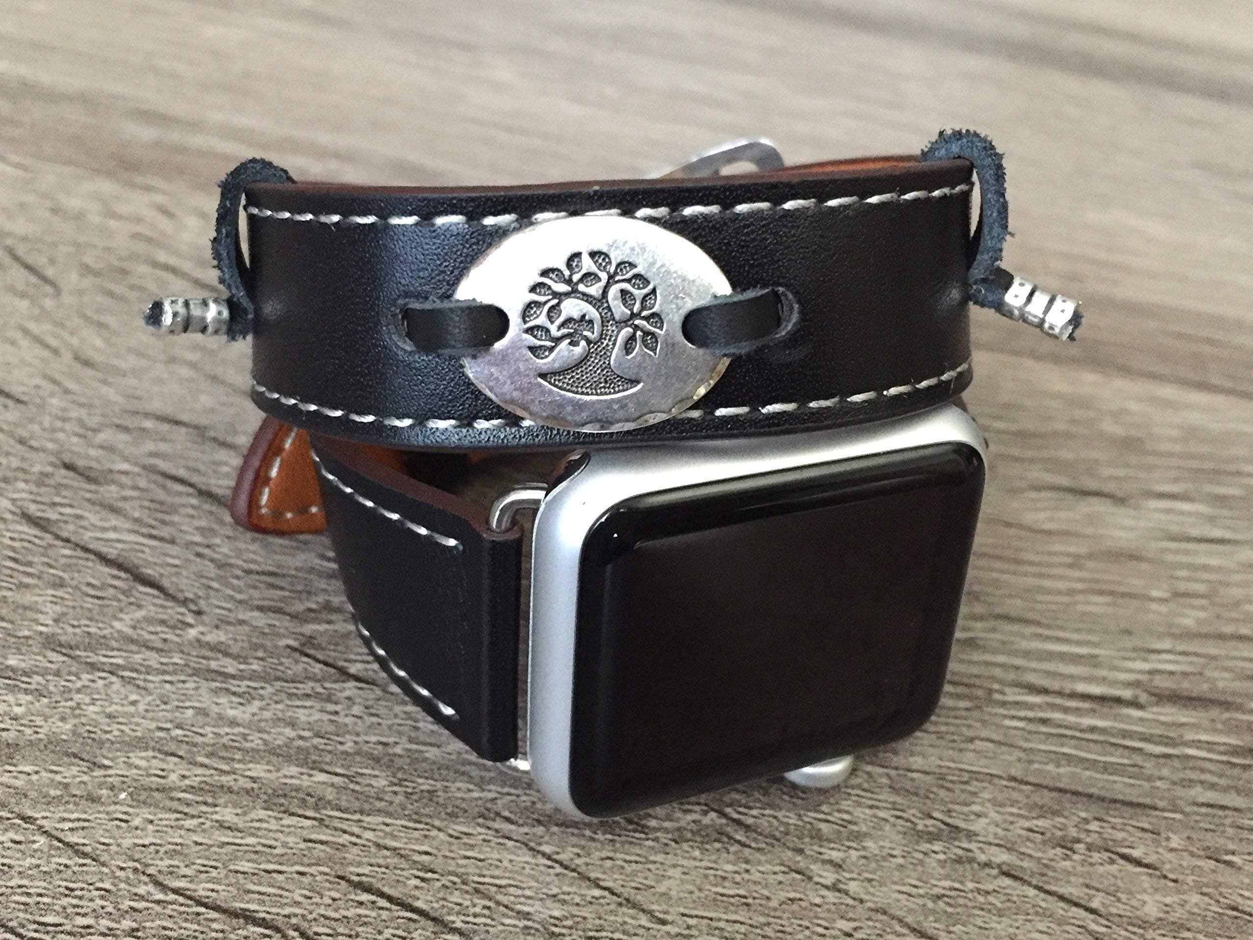 Black Double Wrap Vegan Leather Band For Apple Watch All Series 38mm 40mm 42mm 44mm Handmade Eco Friendly Strap Apple Watch Bracelet Silver Tree Of Life Pendant Jewelry Charm Fashion Apple iWatch Band