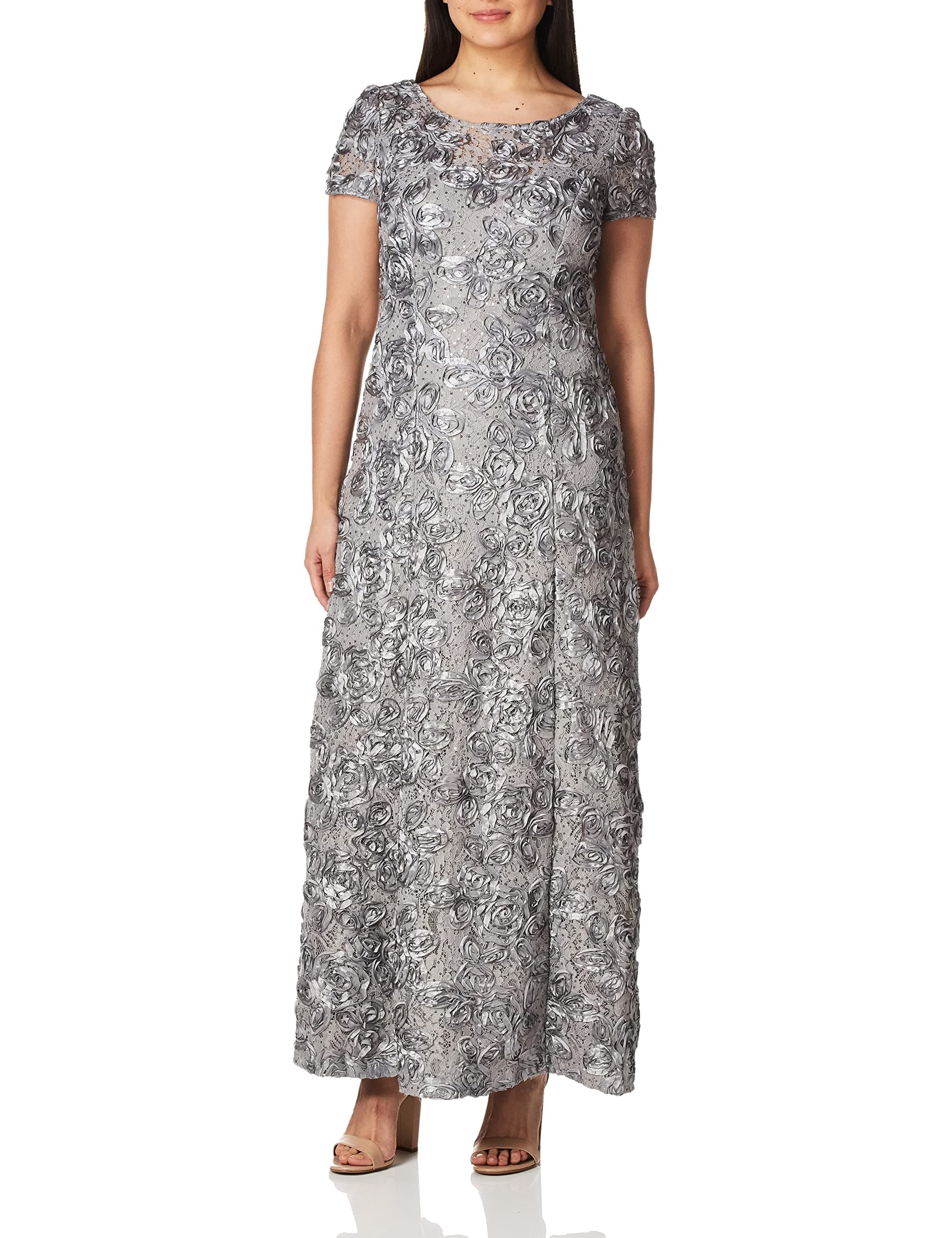Alex EveningsWomen's Long Rosette Mother of The Bride Dress with Short Sleeves, Wedding Guest (Petite and Regular Sizes)