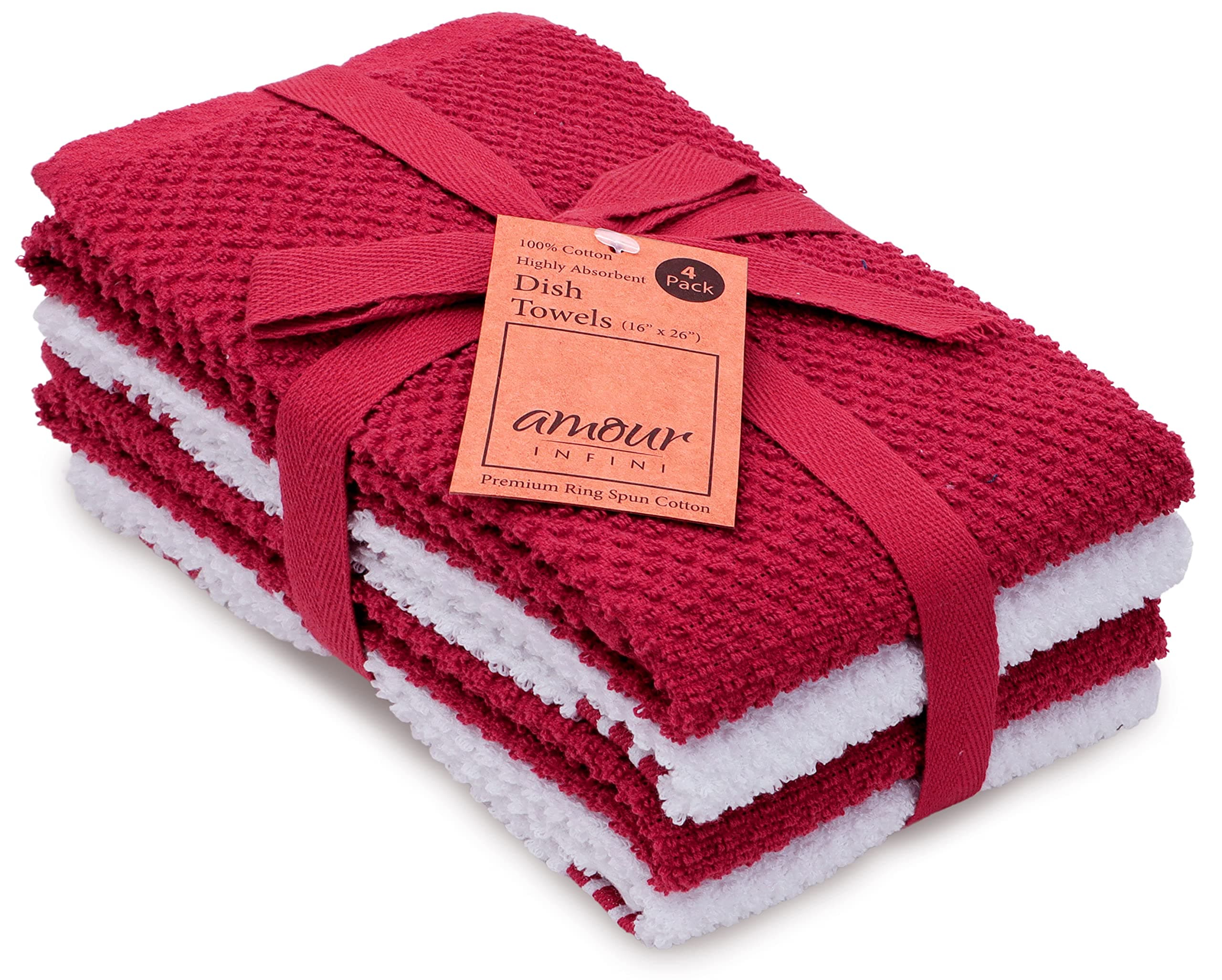 AMOUR INFINIKitchen Towels Pack of 4 - Absorbent, Quick Drying Premium Cotton Tea Towel - Kitchen Linens 16x28 Inch Dish Towels with Hanging Loop (Red)