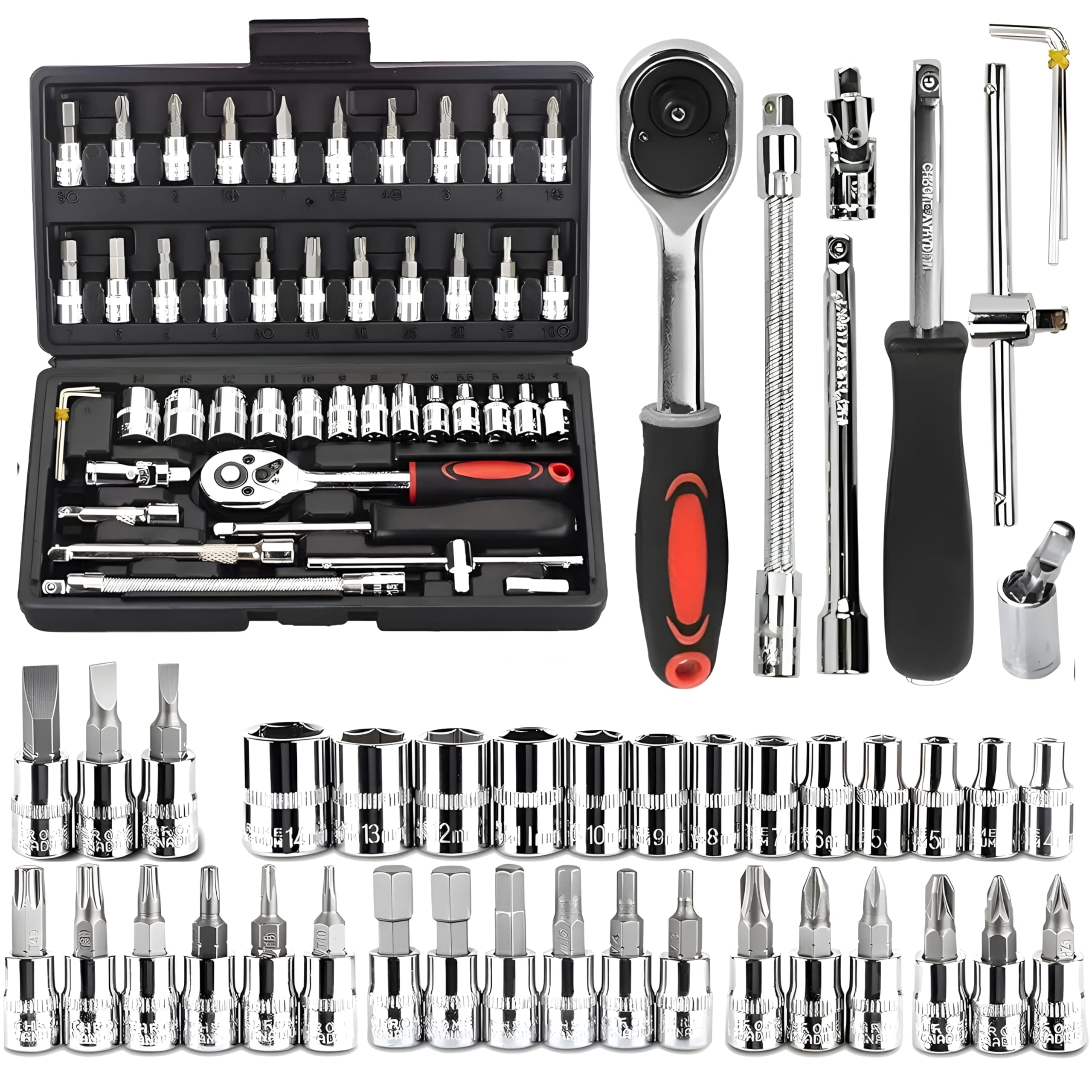 Chrome Vanadium Steel 46 in 1 Hand Tool Kit - Multi-Purpose Combination Wrench Set With Precision Socket Set