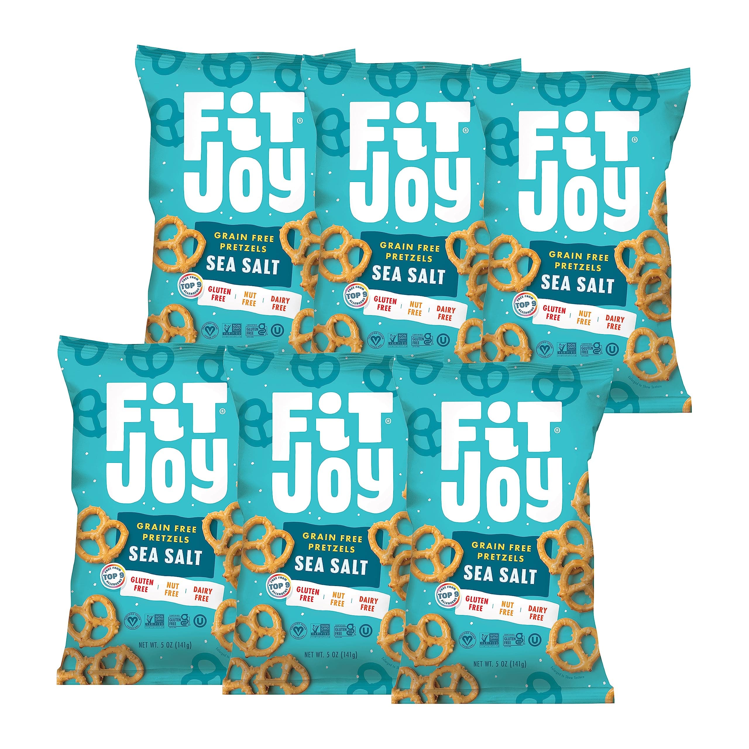 FitJoy Gluten Free Pretzels, Sea Salt Twists, Grain Free, Nut Free, Non-GMO Vegan Certified, Cassava and Chickpea Flour, 5 Oz, 6 Bag Pretzel Pack