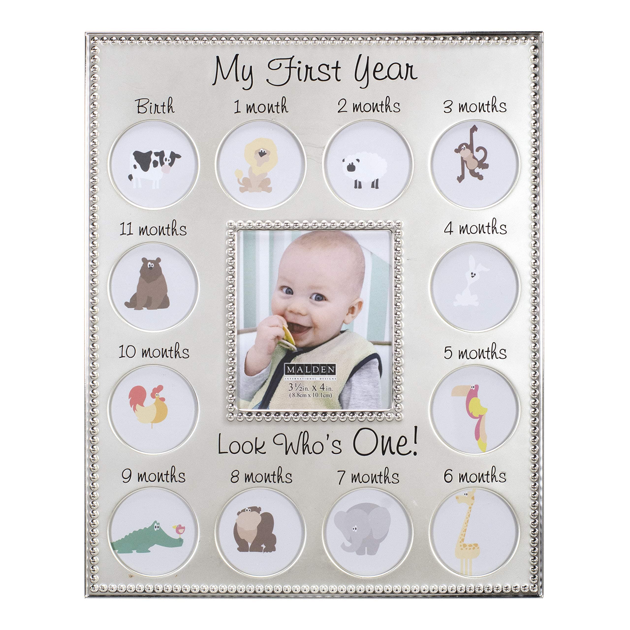 International Designs My First Years Beaded Two Tone Silver Metal Picture Frame, 3 Option, 1-3.5x4 & 12-1x1, Silver