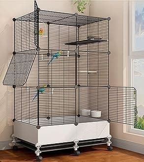MissTiara Bird Cage for Parakeets,Parrotlets, Cockatiels, Budgie Finch Lovebird Canary Pet Bird,Splash-proof food, Easy to install and clean,Accessories included (Black)