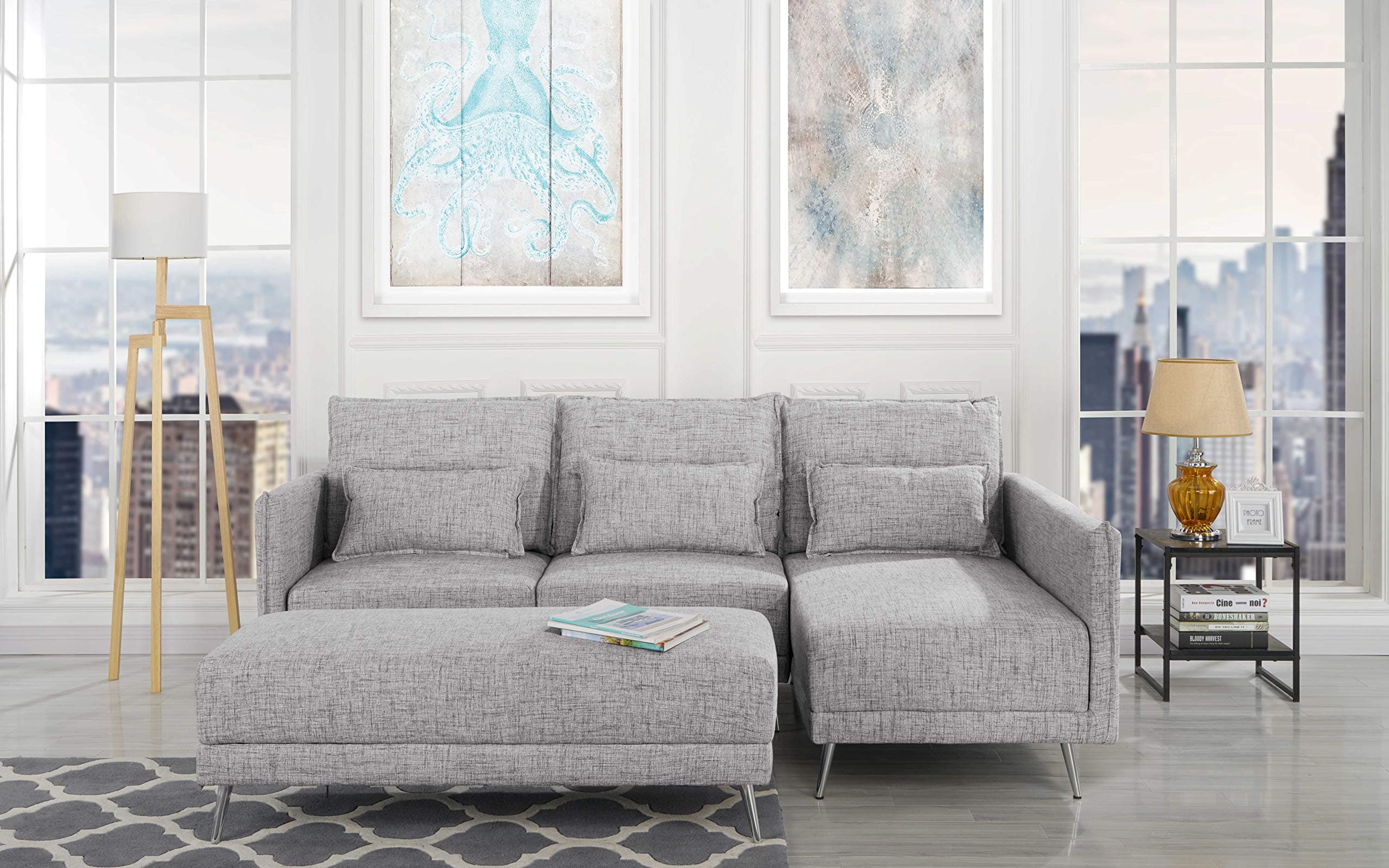 Upholstered 88.1" inch Sectional Sofa, L-Shape Couch with Rectangular Ottoman (Light Grey)