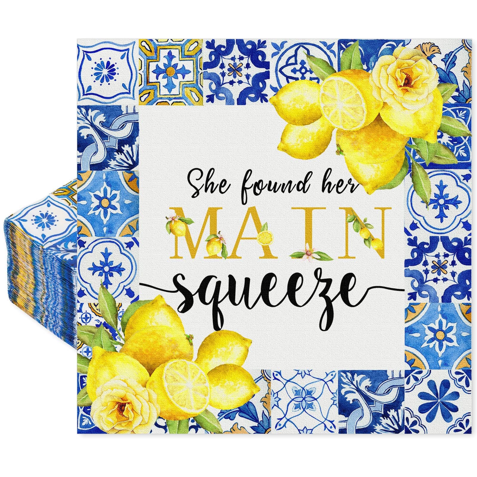 80 Pack Lemon Luncheon Napkins Disposable She Found Her Main Squeeze Paper Decorative Napkins Blue Tiles Print Dessert Dinner Hand Napkin for Buffet Party Supplies Decoration, 6.5 x 6.5 In