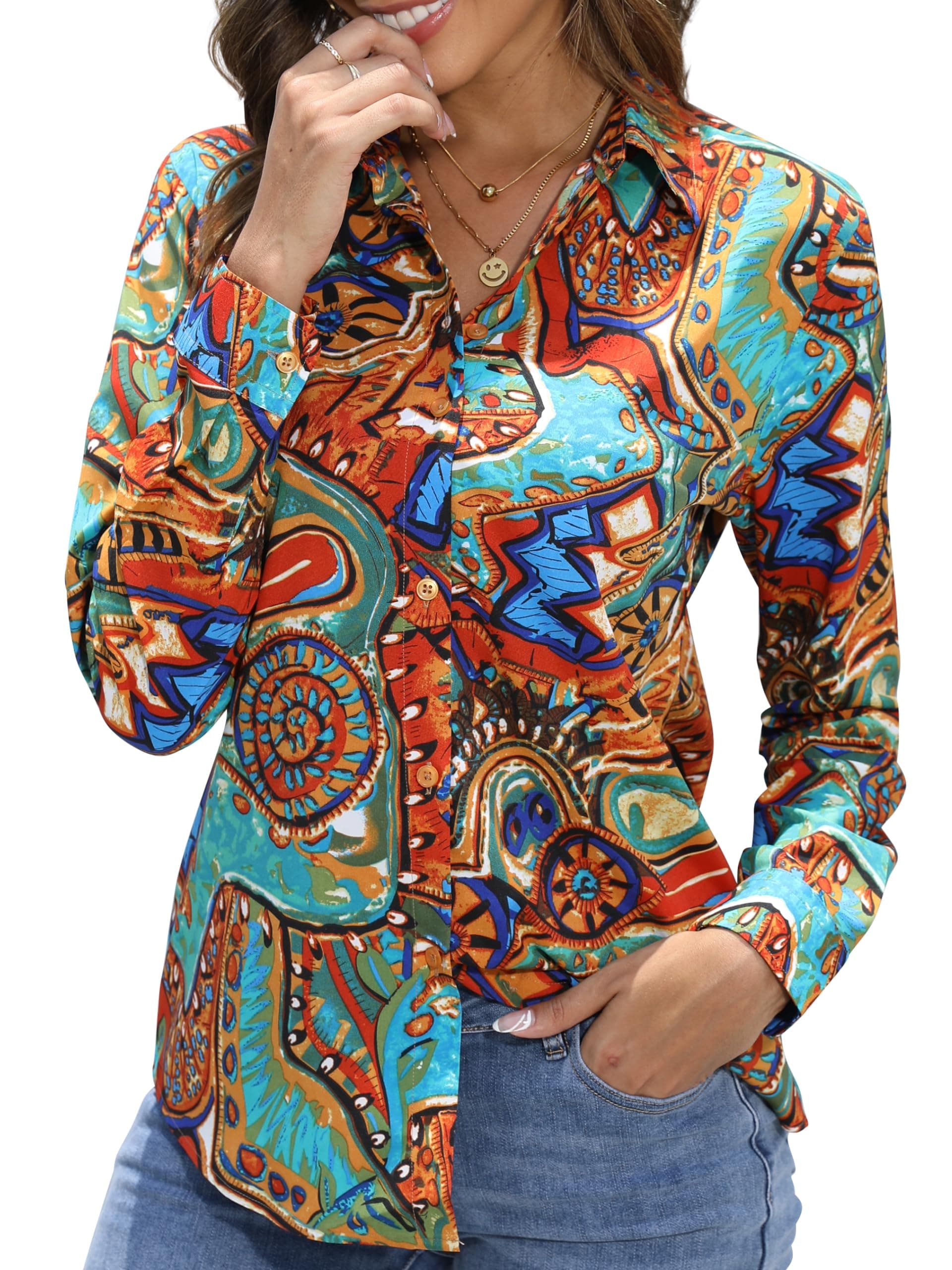 BBIBBIWrinkle-Resistant Women Silky Button Down Shirts 2025 Fashion Printed Long Sleeve Blouse Dressy Casual Tops