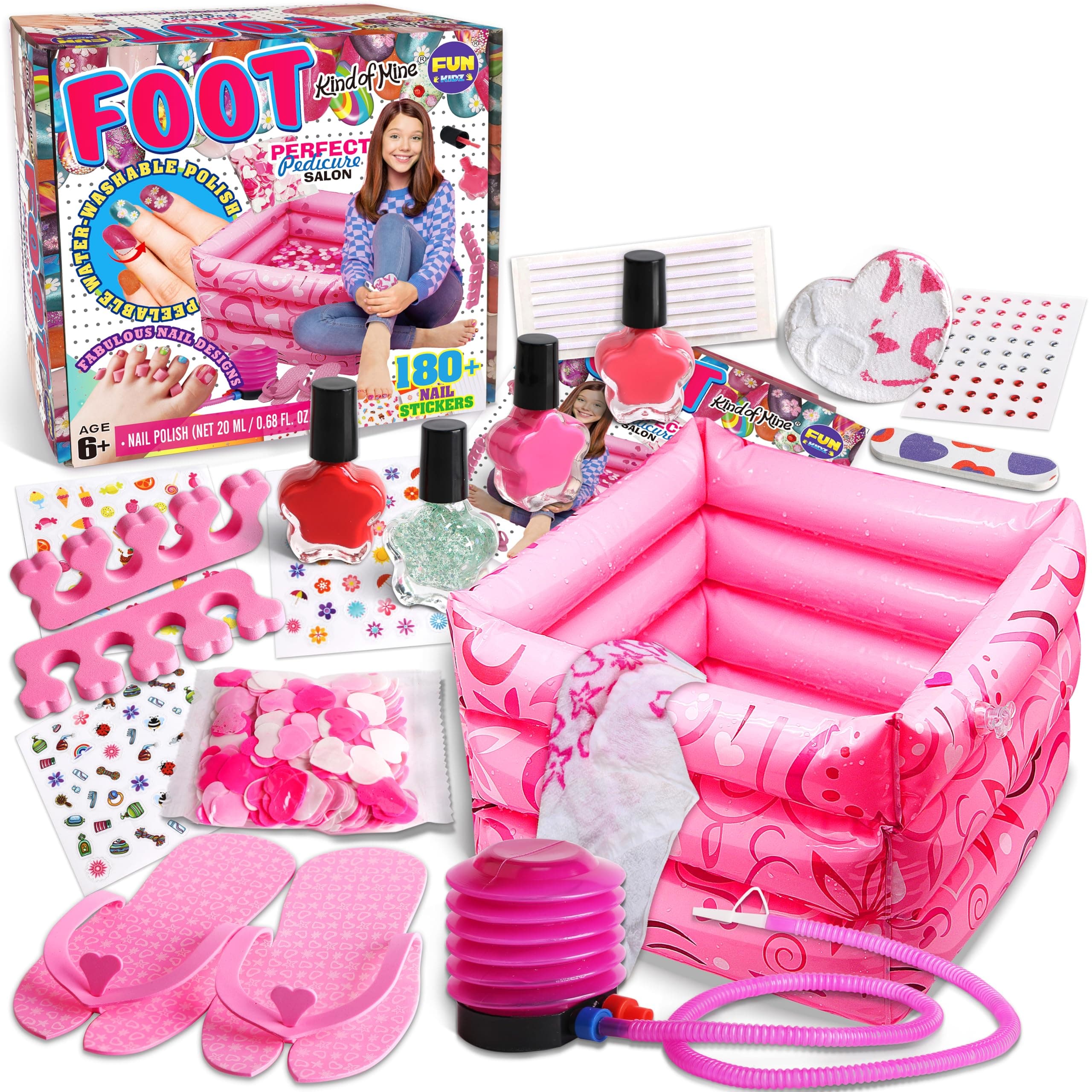 Kid Foot Spa Kit, Funkidz Pedicure Set for Girls Ages 7-12 Box Includes Bigger Inflatable Durable Foot Tub Inflator Pump Peelable Nail Polish Supplies For Sleepover Slumber Party Kit Gift