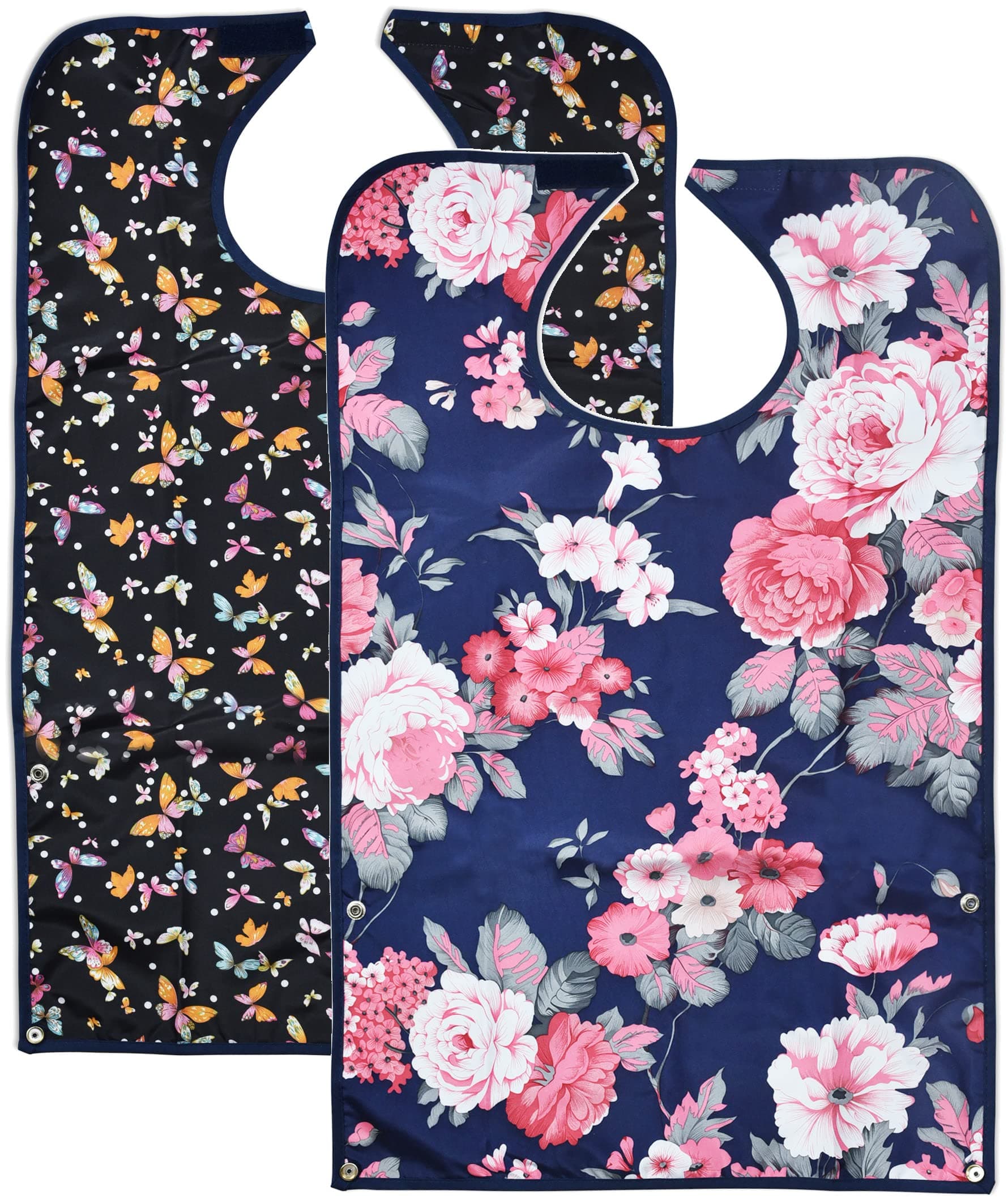 Celley 2 Pack Adult Bibs for Eating with Crumb Catcher Washable and Reusable Clothing Protectors for Elderly Women, Floral, One Size