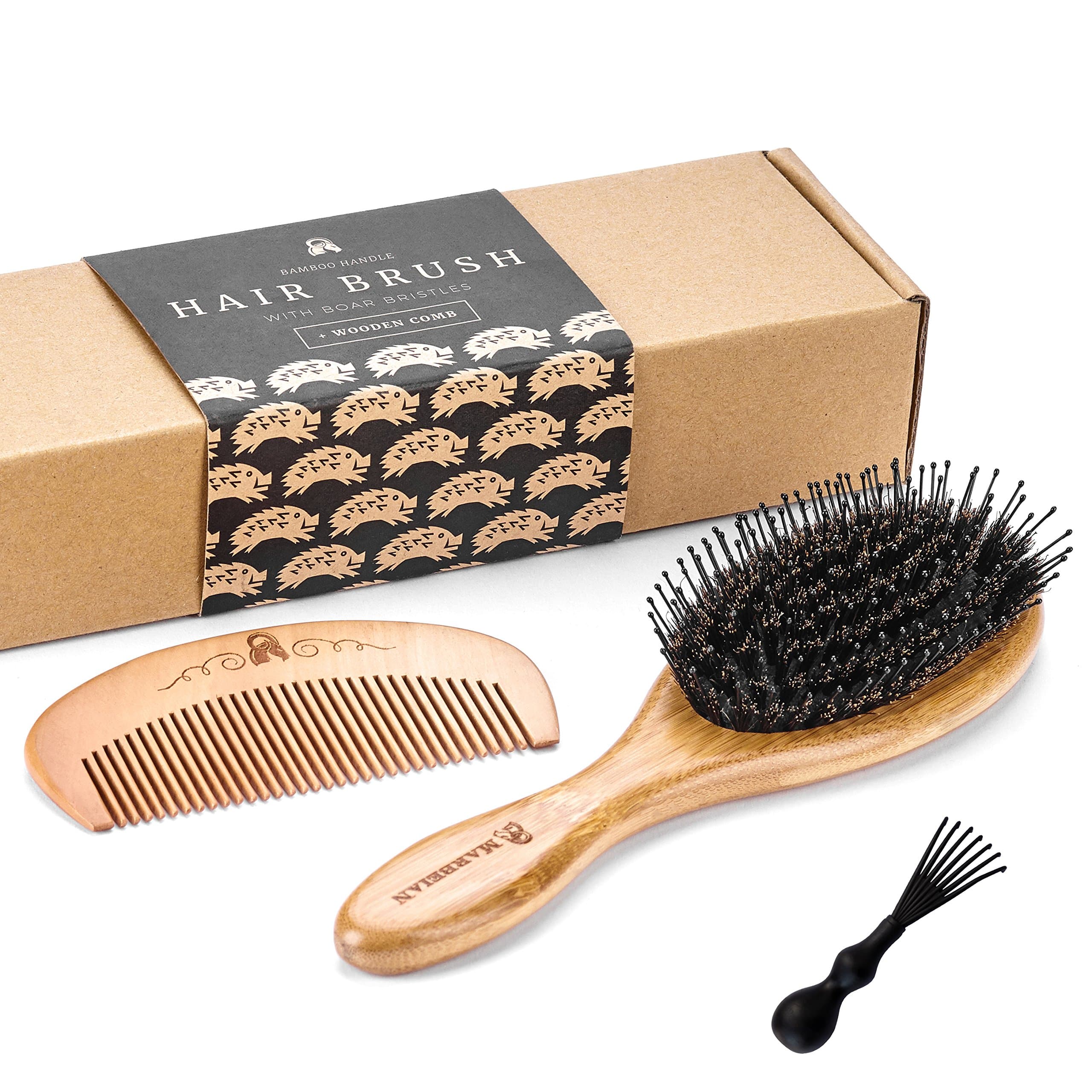 Boar Bristle Hair Brush for Women with Nylon Detangle Pins. Makes Hair Shiny and Silky. Comes With a Wooden Comb