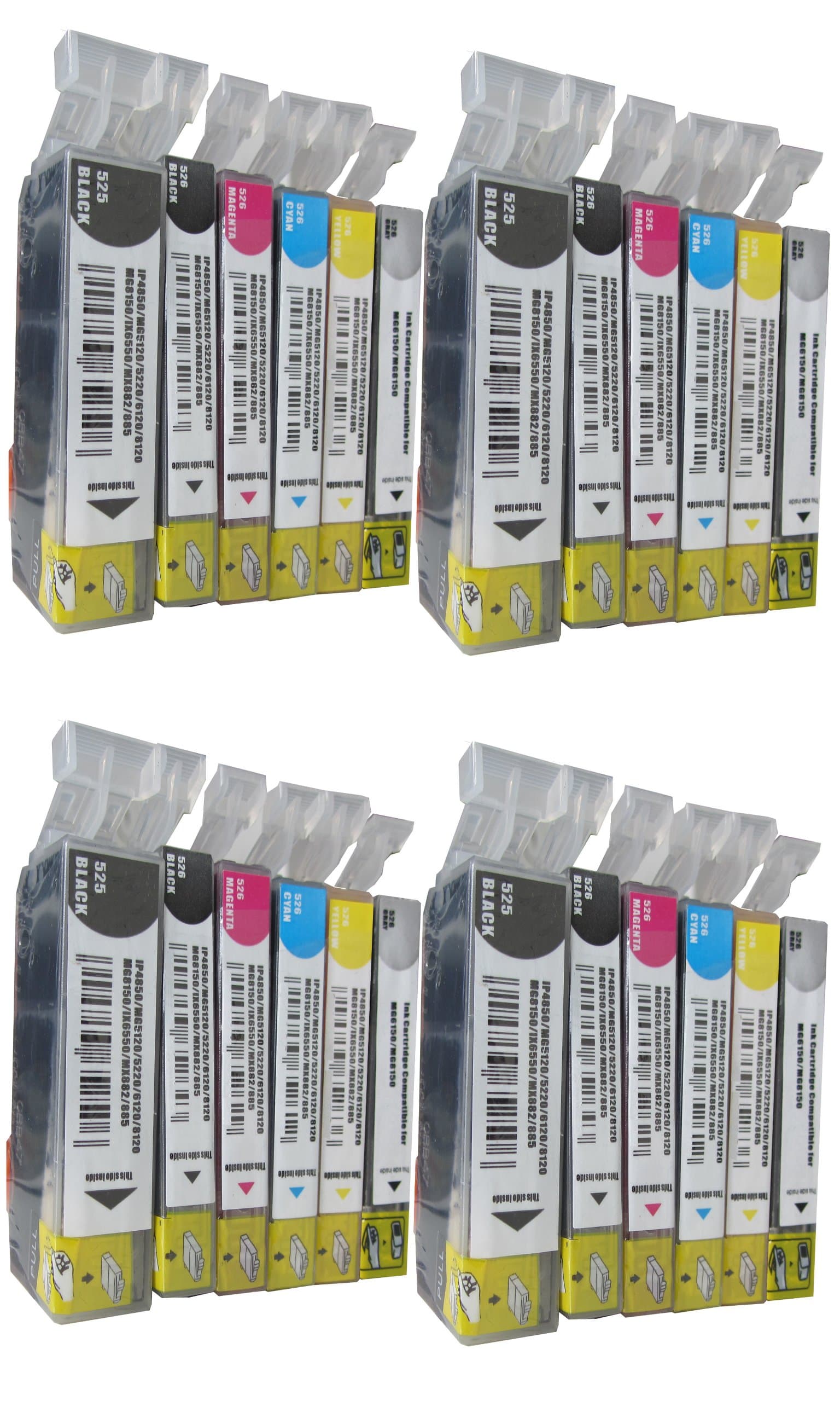 24 Compatible Ink Cartridges for Canon mg6100 mg6150 mg6200 mg6250 mg8100 mg8150 mg8200 mg8250, 4 x black 4 x photo black 4 x blue 4 x red 4 x yellow 4 x grey.