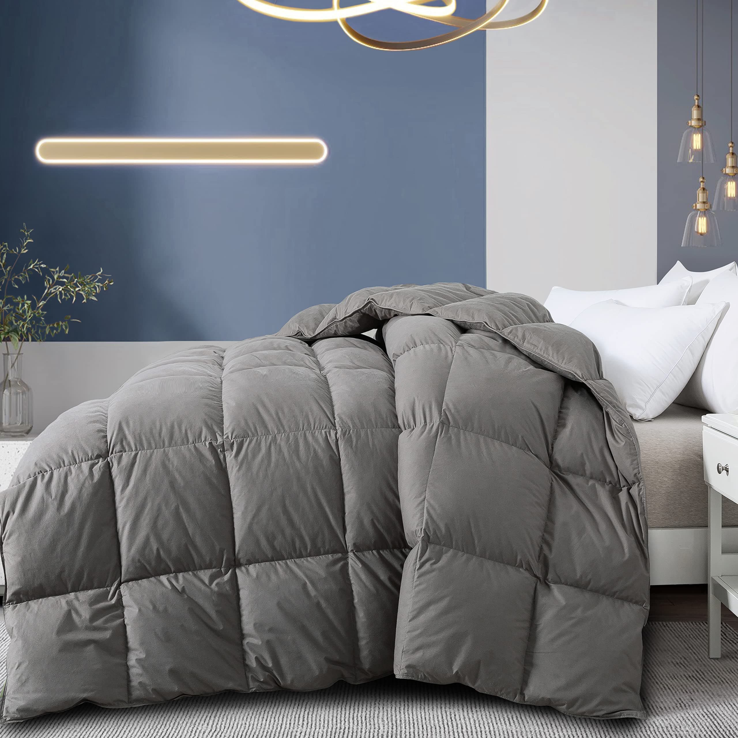 ELNIDO QUEEN Grey Feather Down Comforter California King Size-Luxurious Warmth Hotel Collection Comforter,100% Cotton Cover-All Season Duvet Insert with Corner Tabs-California King Size 104x96 Inch