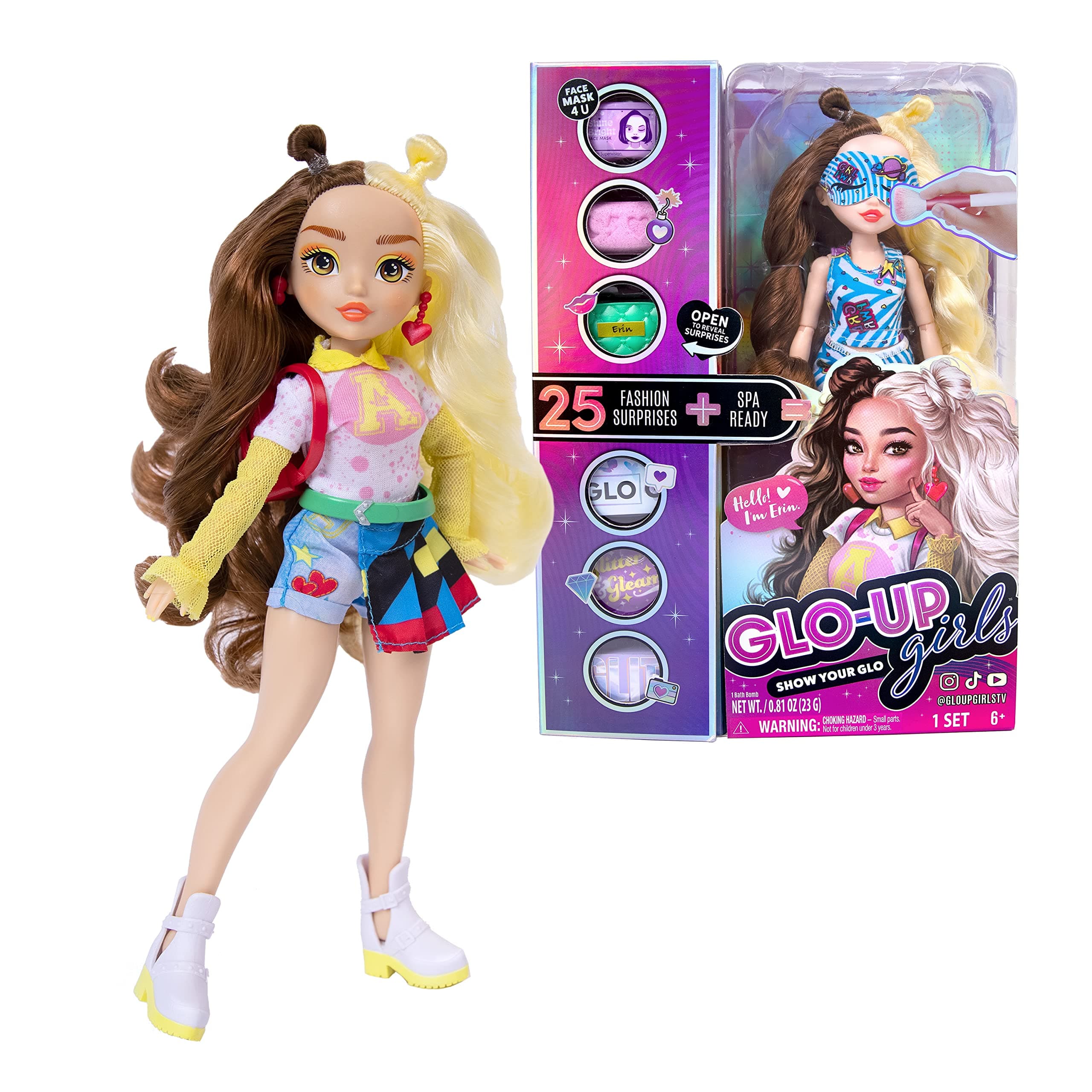 Far Out Toys GLO-UP Girls Erin Alternative Girl Fashion Doll, 25 Fabulous Suprises, Accessories, Purses, Bath Bomb, Spa Face Masks, Color-Changing Nail Play