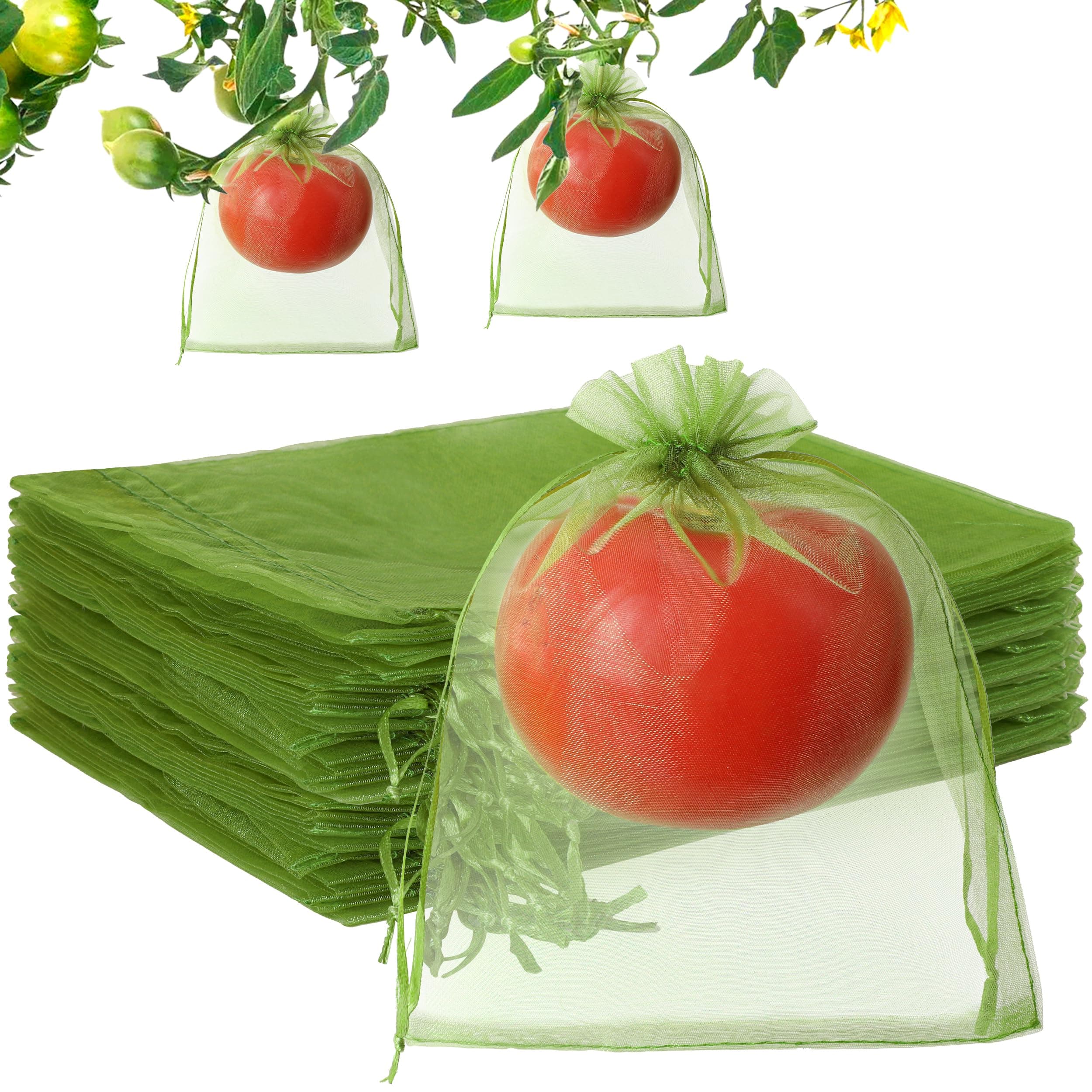 70pcs Fruit Protection Bags 6x8 inch Green Netting Cover Drawstring Mesh Tomato Protectors Bags Pest Barrier for Blueberry Small Fruit Veggies Garden (70, 6x8 inch)