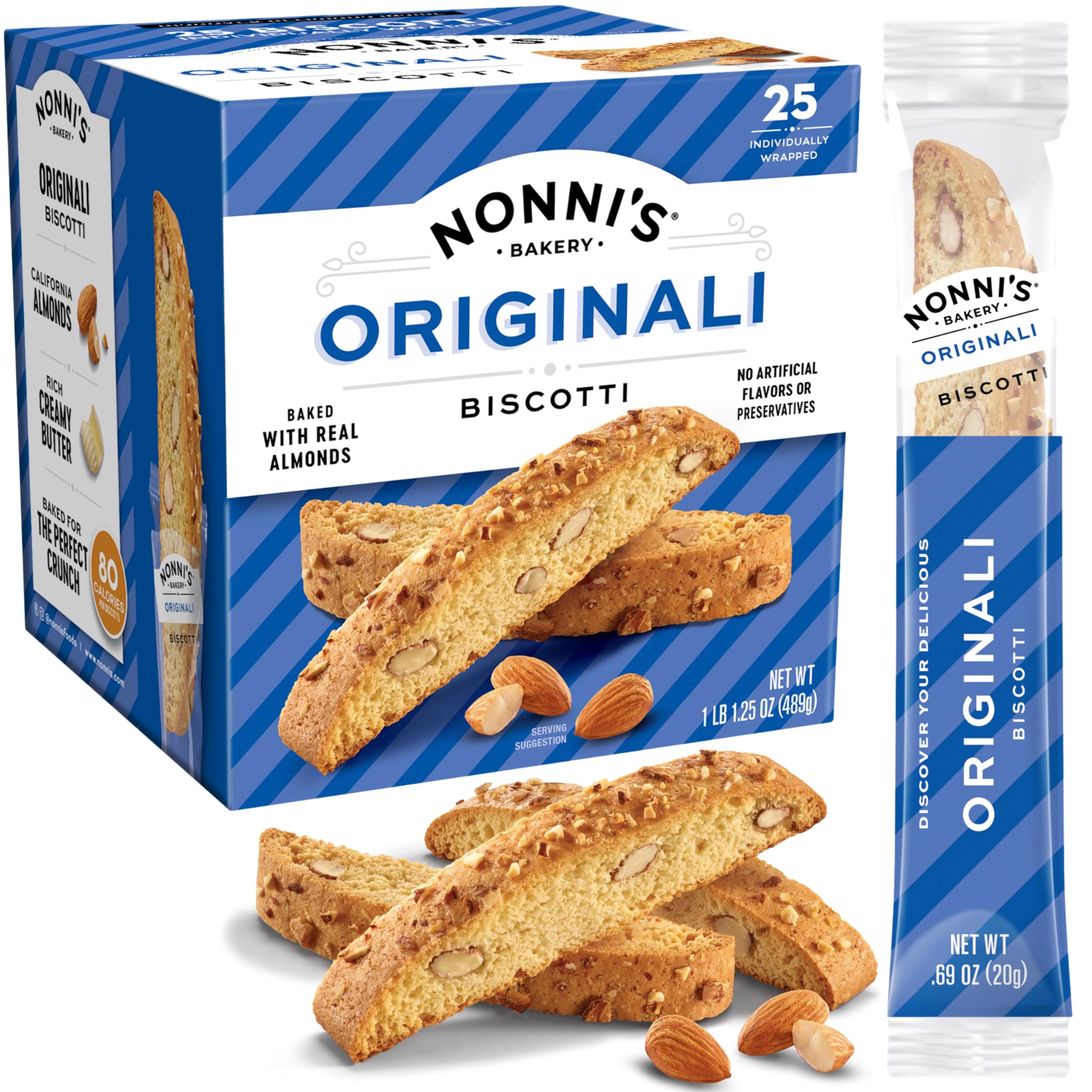 Nonni's Originali Biscotti Italian Cookies - Biscotti Individually Wrapped Cookies - Italian Biscotti Cookies Made with Premium California Almonds - Kosher Coffee Cookies - 1 Tub - 21 ounces