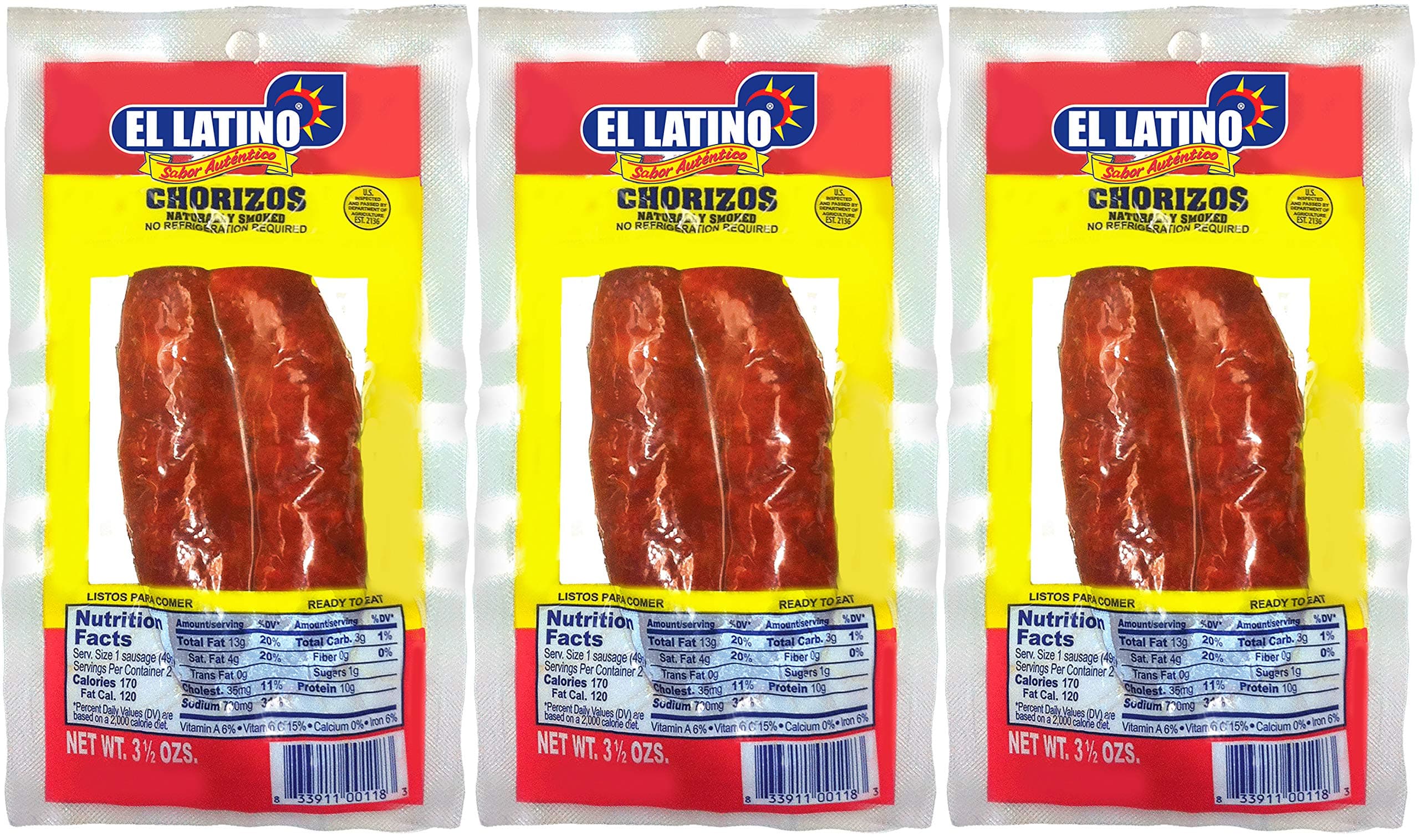 El Latino Dry Spanish sausage, 3 packs of 2 units, total 6 sausages,10.5oz