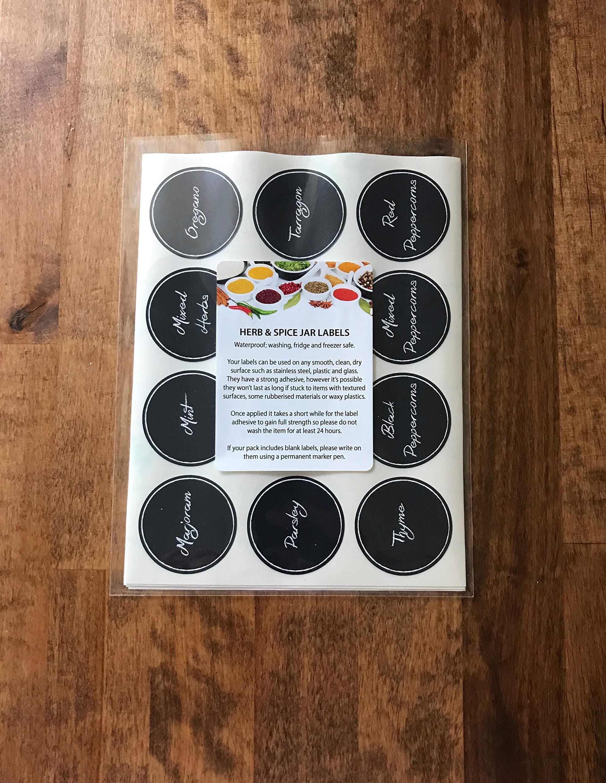 72 Herb and Spice Jar Labels Stickers – Clear/Transparent with Black or White Print - 38mm Round (Clear with White Print)