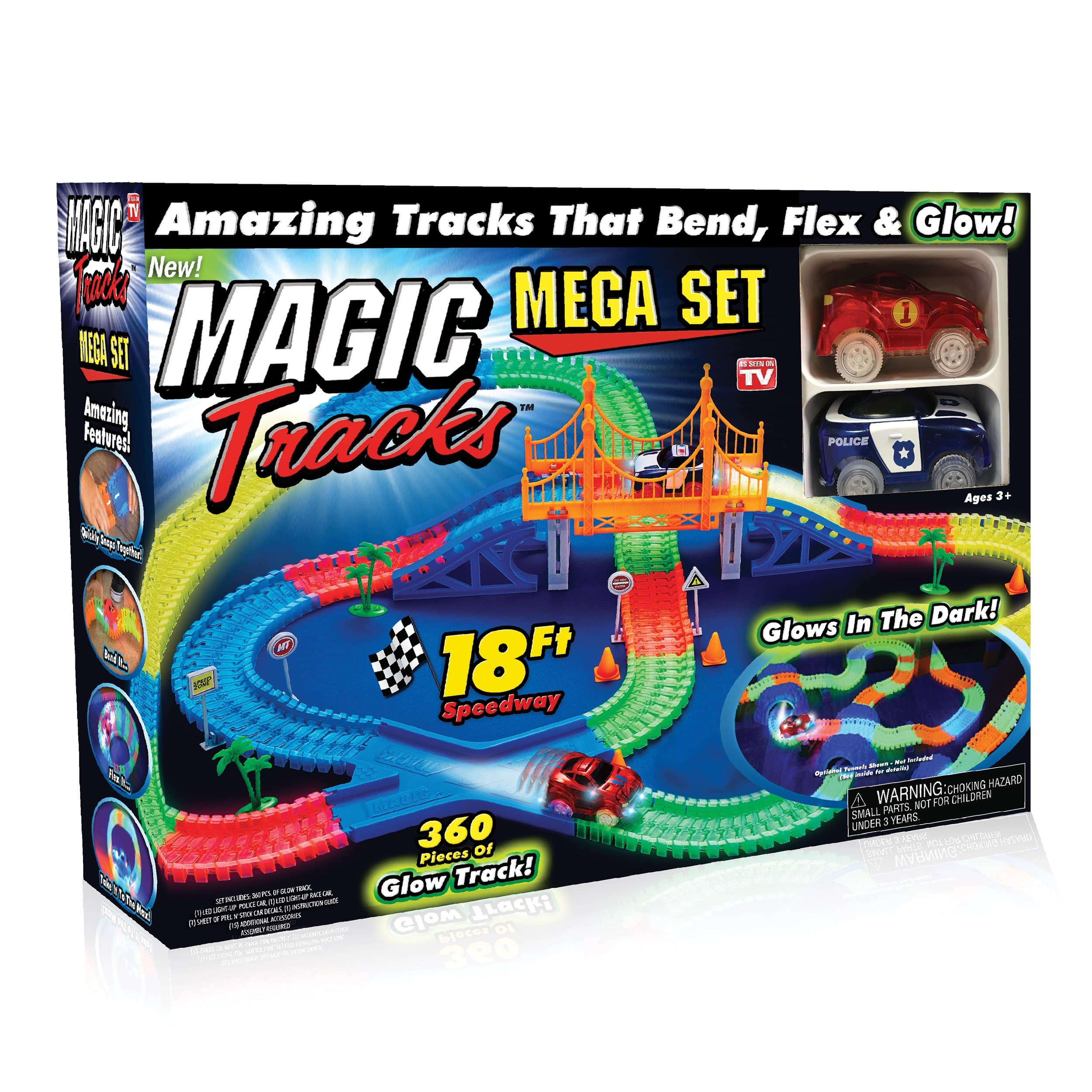 Ontel Magic Tracks Mega Set - 2 LED Race Cars and 18 ft. of Flexible, Bendable Glow in the Dark Racetrack - As Seen on TV