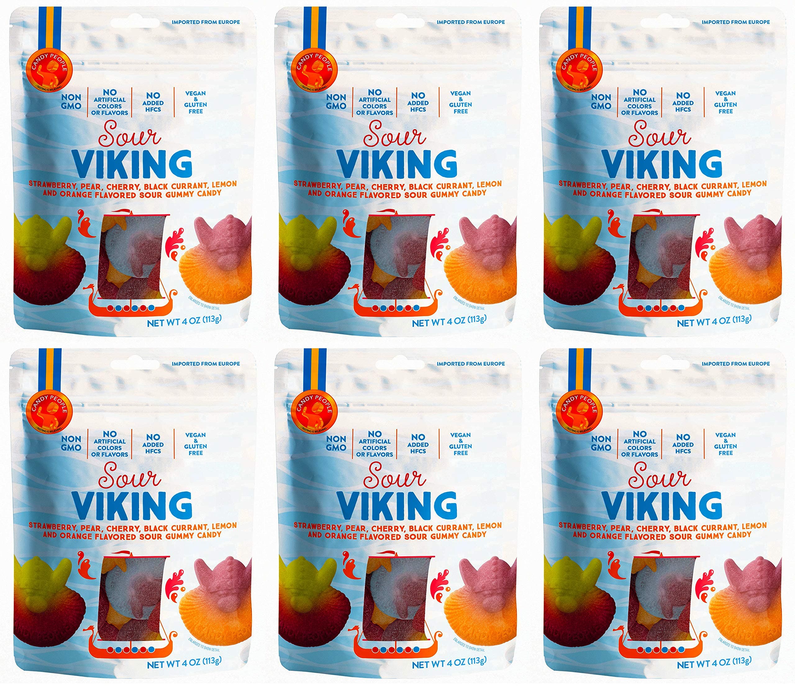Candy People Sour Viking Swedish Gummy Candy Non-GMO Vegan Fruit Flavored Sour Gummies (6 Pack)