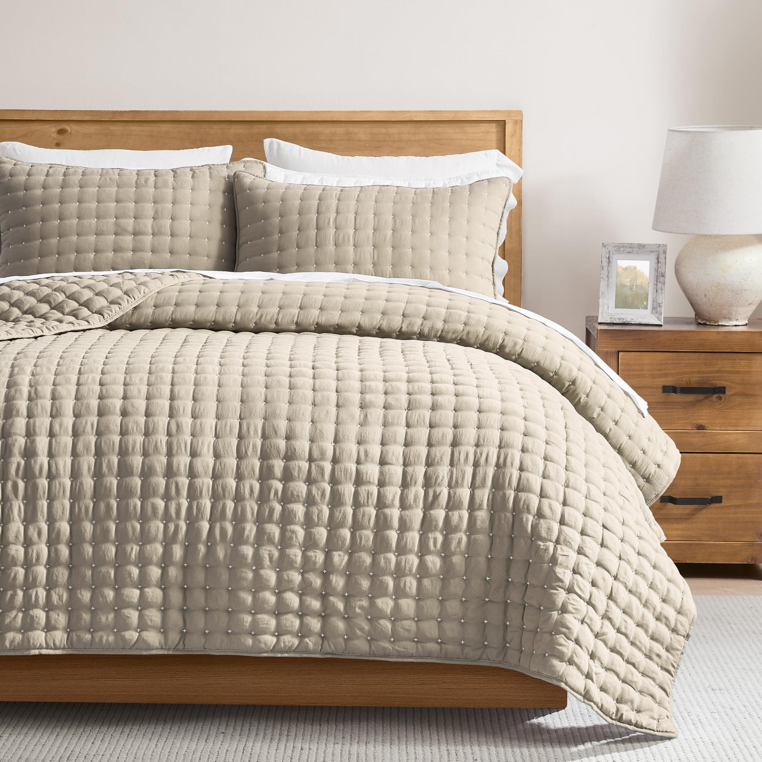 WDCOZY Beige California Cal King Size Quilt Bedding Sets with Pillow Shams, Cream Tan Oversized Lightweight Bedspread Coverlet, Quilted Blanket Thin Comforter Bed Cover, 3 Pieces, 118x106 inches