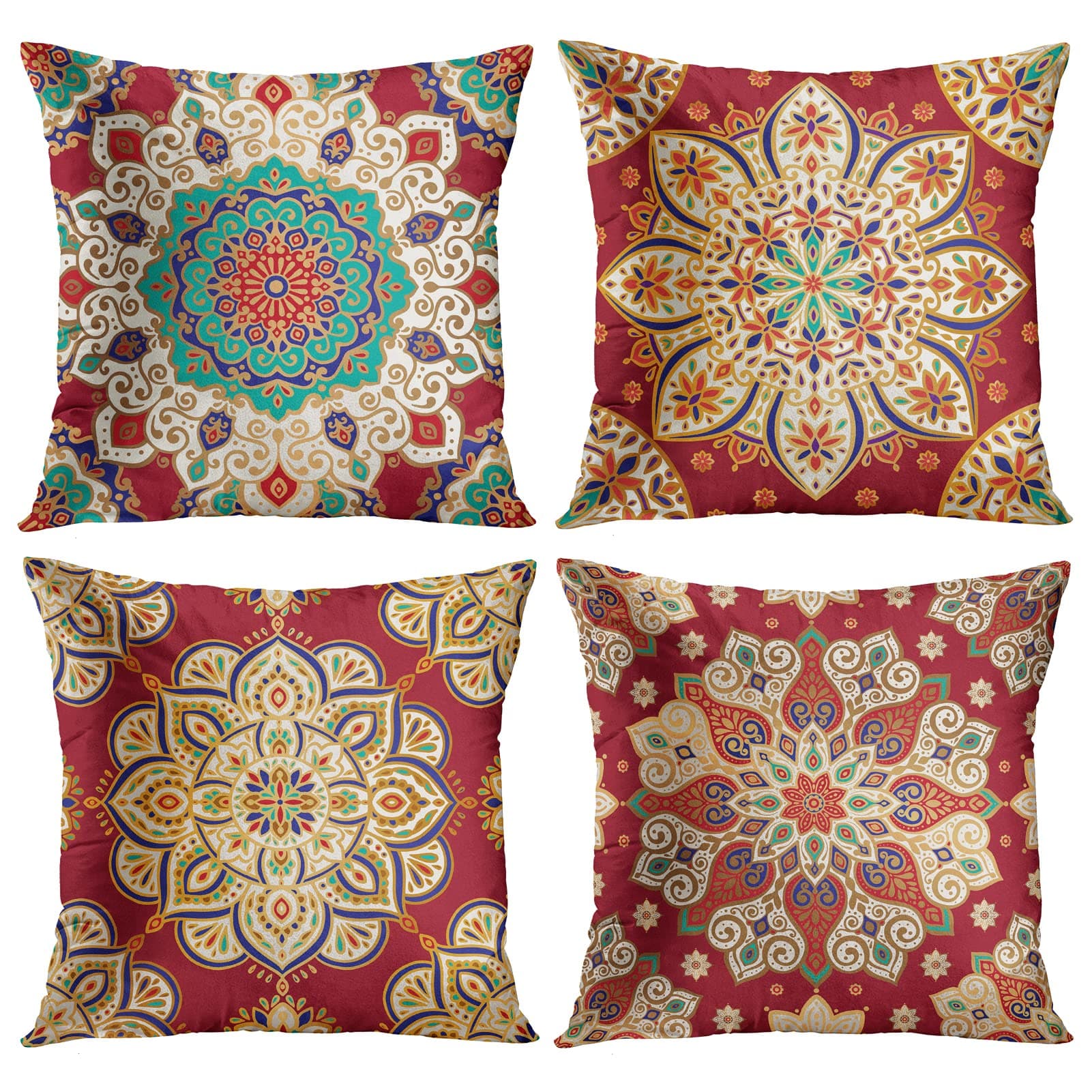 Britimes Throw Pillow Covers, Red Mandala Ethnic Flower Home Decor Set of 4 Pillow Cases, 18 X 18 inches Sofa Cushion Couch Sofa Pillowcases Decorative