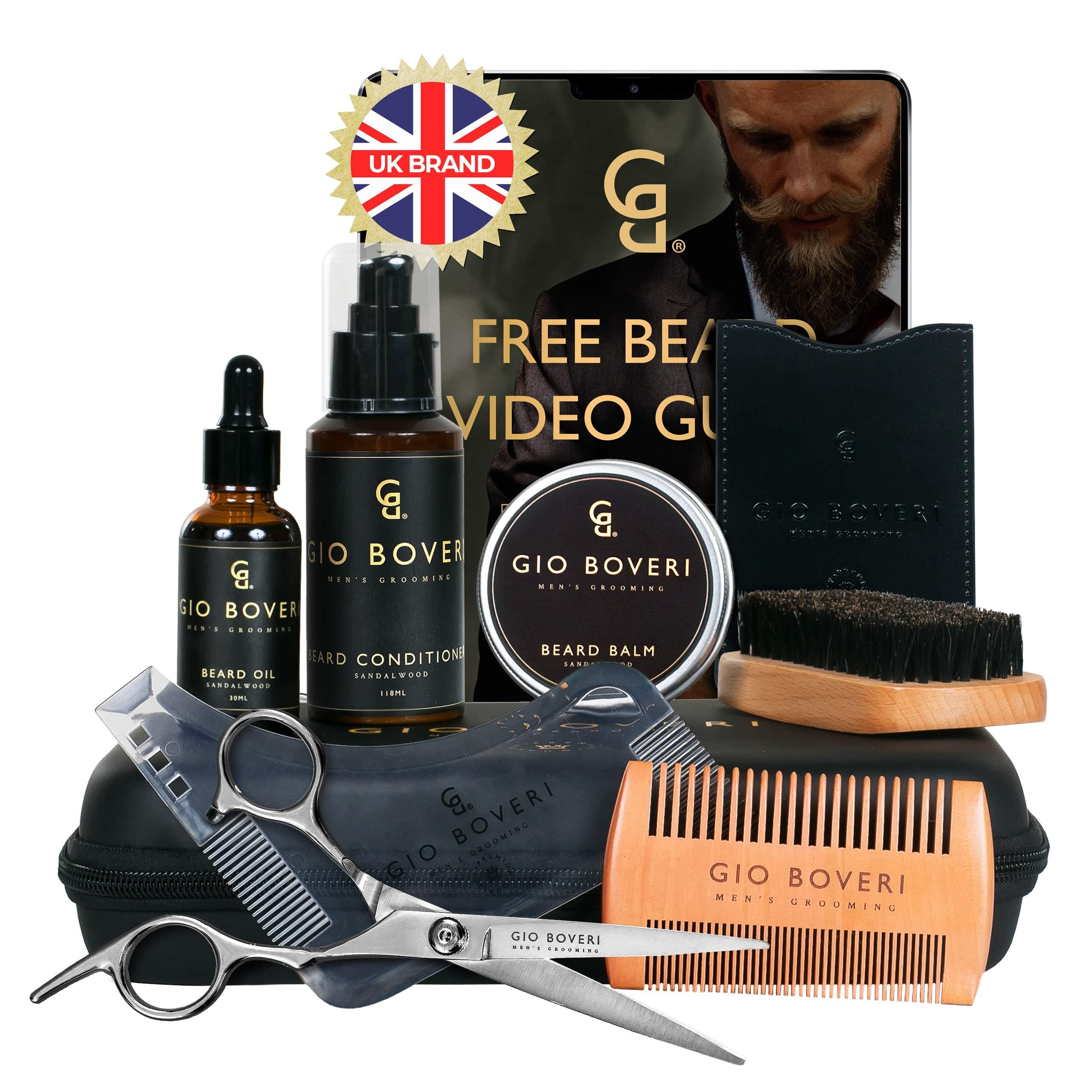 Gio Boveri Premium Beard Grooming Kit For Men - 100% Organic Beard Oil, Conditioner, Balm, Brush, Comb, Scissors, Beard Shaping Tool With CUSTOM Travel Case - Ideal 9 in 1 Beard Care GIFT SET