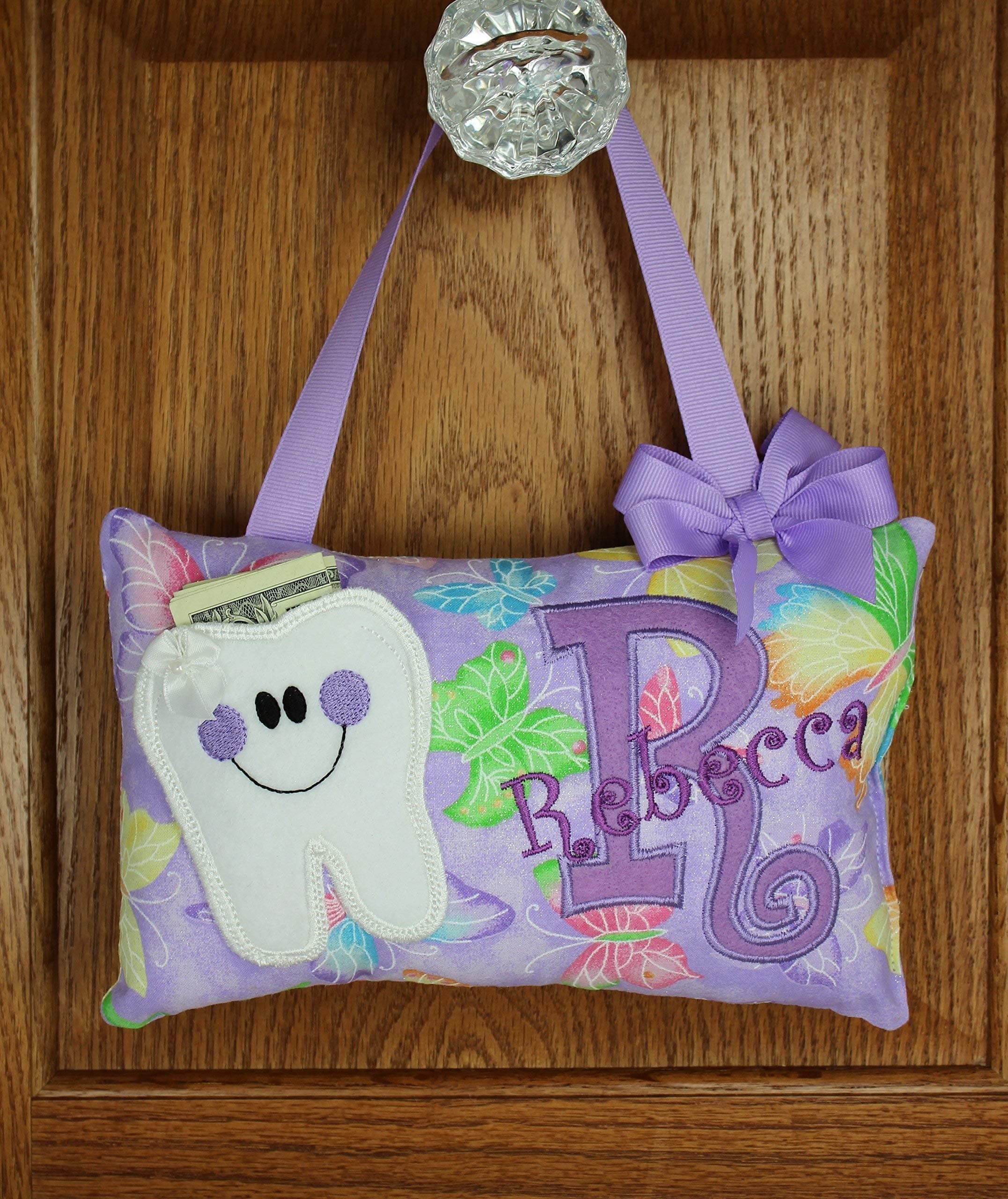 Personalized tooth fairy pillow purple butterfly pattern, choose your version