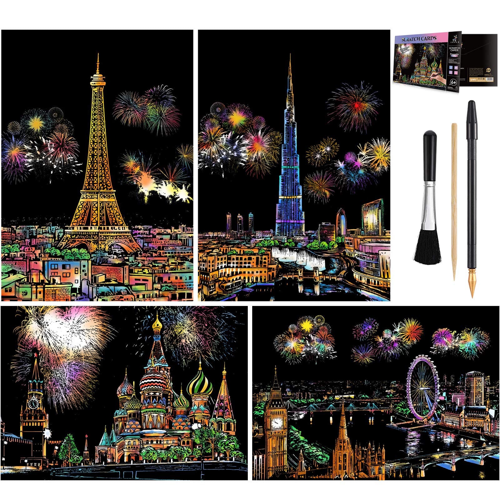 Rainbow Scratch Art Painting Paper (A4) for Adult & Kids, Night View Scratchboard, Engraving Art Set: 4 Sheets Scratch Cards & Clean Brush, Drawing Pen (Eiffel Tower / Big Ben / Moscow / Burj Khalifa