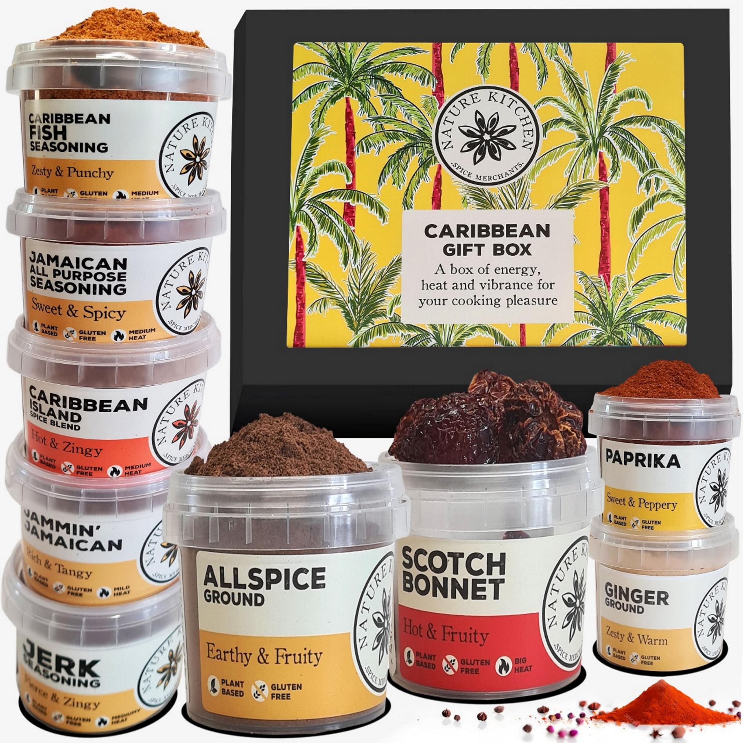 Nature Kitchen Caribbean Spice Gift Set, 9x Gourmet Seasoning & Herb Pots with Recipe Card, Includes Jerk, Jammin’ Jamaican, Scotch Bonnet, Caribbean Fish, Paprika, Ginger & More