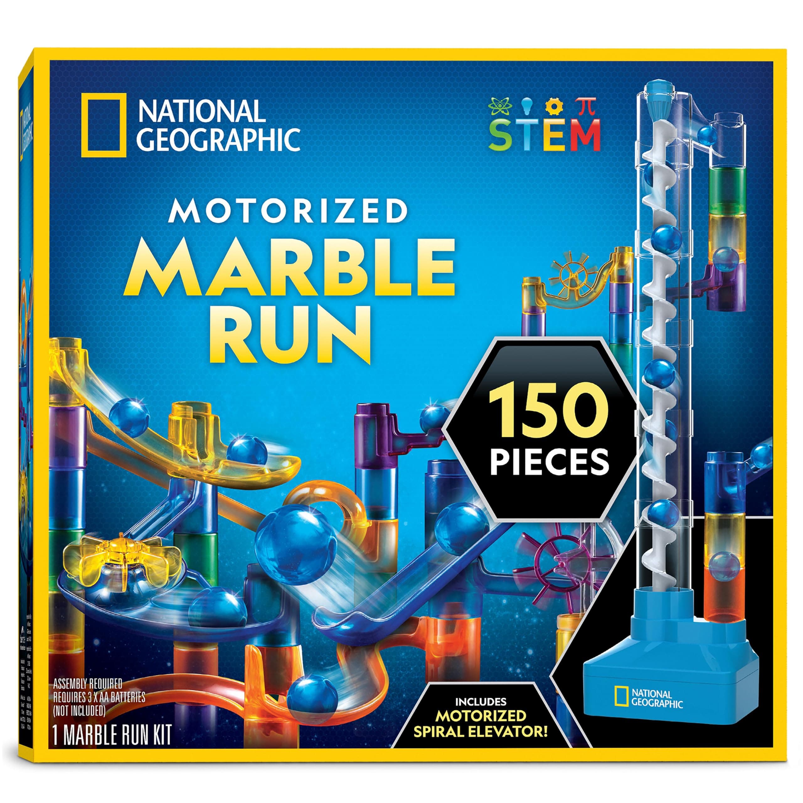 National Geographic Marble Run with Motorized Elevator - 150-Piece Marble Maze Kit with Motorized Spiral Lift, 30 Marbles, Storage Bag & More, Perpetual Motion Machine, Kids Physics Toys