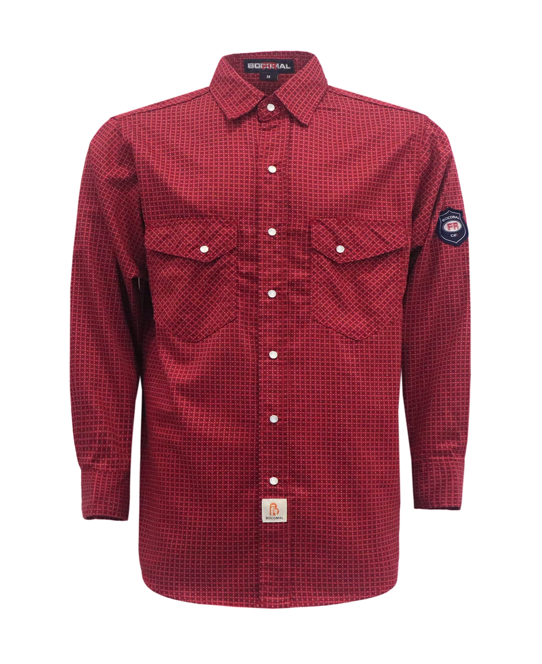 BOCOMAL FR Shirts for Men Printed Plaid Flame Resistant Clothing 6.5oz Cotton Button Up Welding Shirts NFPA2112 CAT2